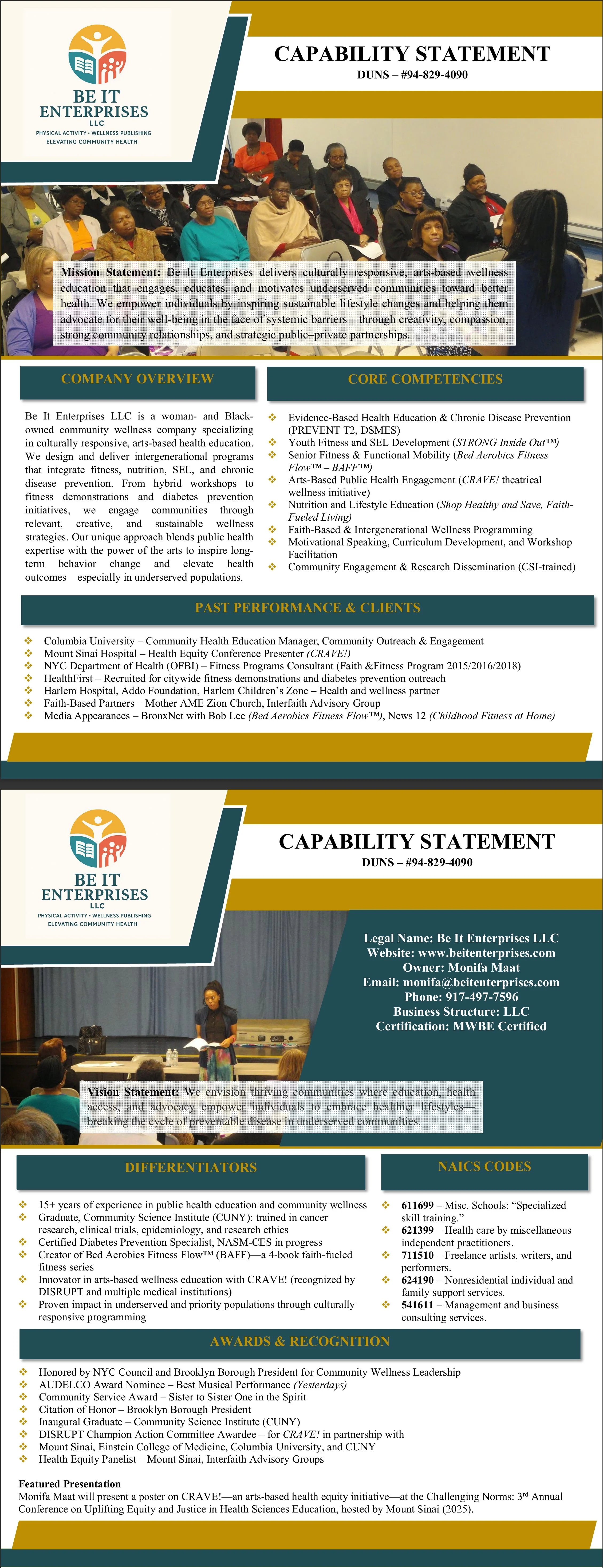 Brochure for Be It Enterprises LLC featuring mission statement, company overview, core competencies, past performance, clients, differentiators, NAICS codes, awards, and featured presentation. Includes photos of a group of women attending a workshop