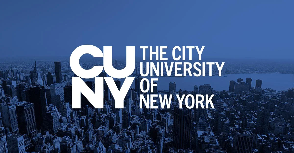Aerial view of New York City skyline with overlay text reading "The City University of New York (CUNY)".