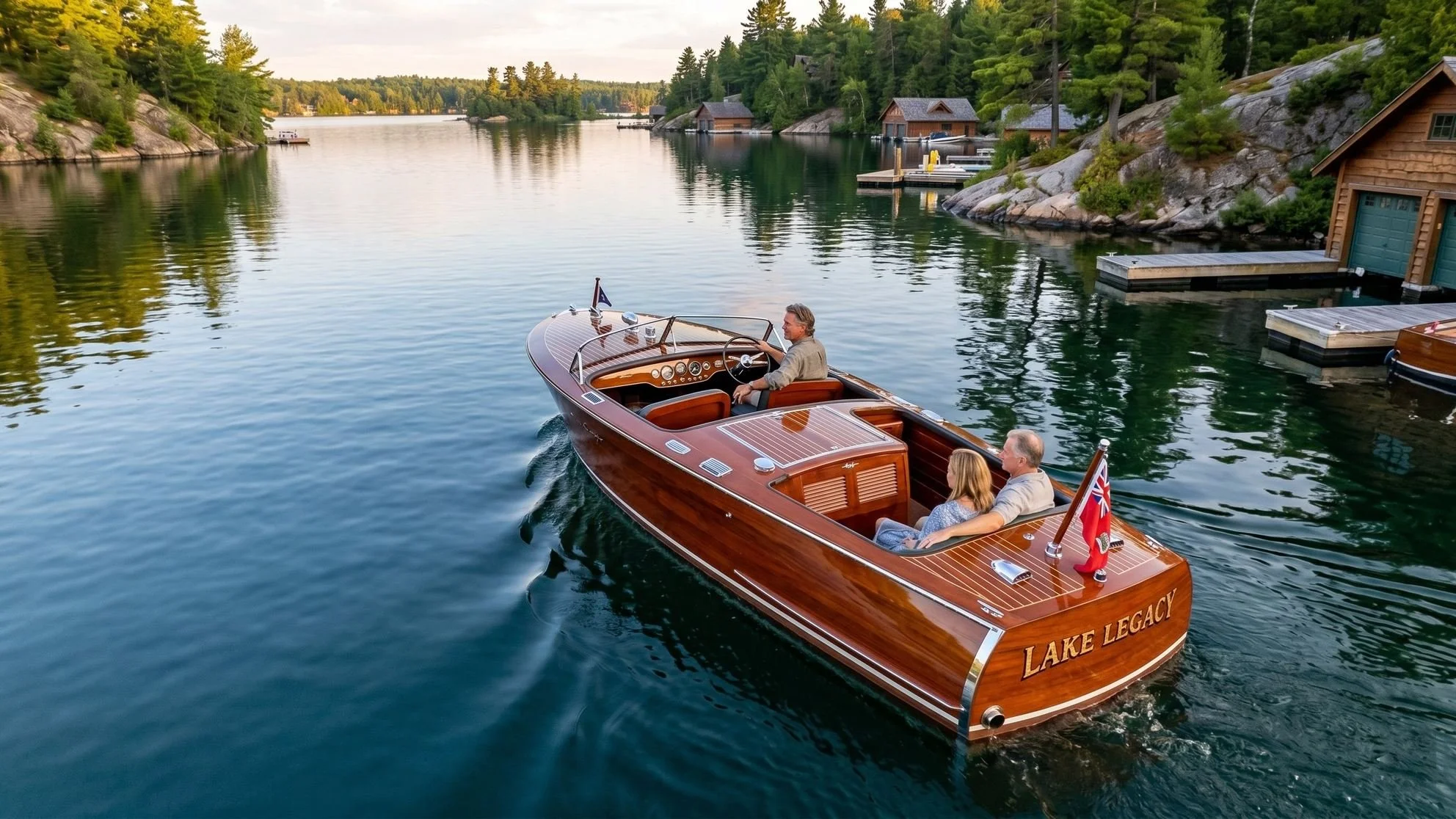 Classic mahogany wooden boat cruising past the boathouses on Lake Joseph in Muskoka at golden hour
