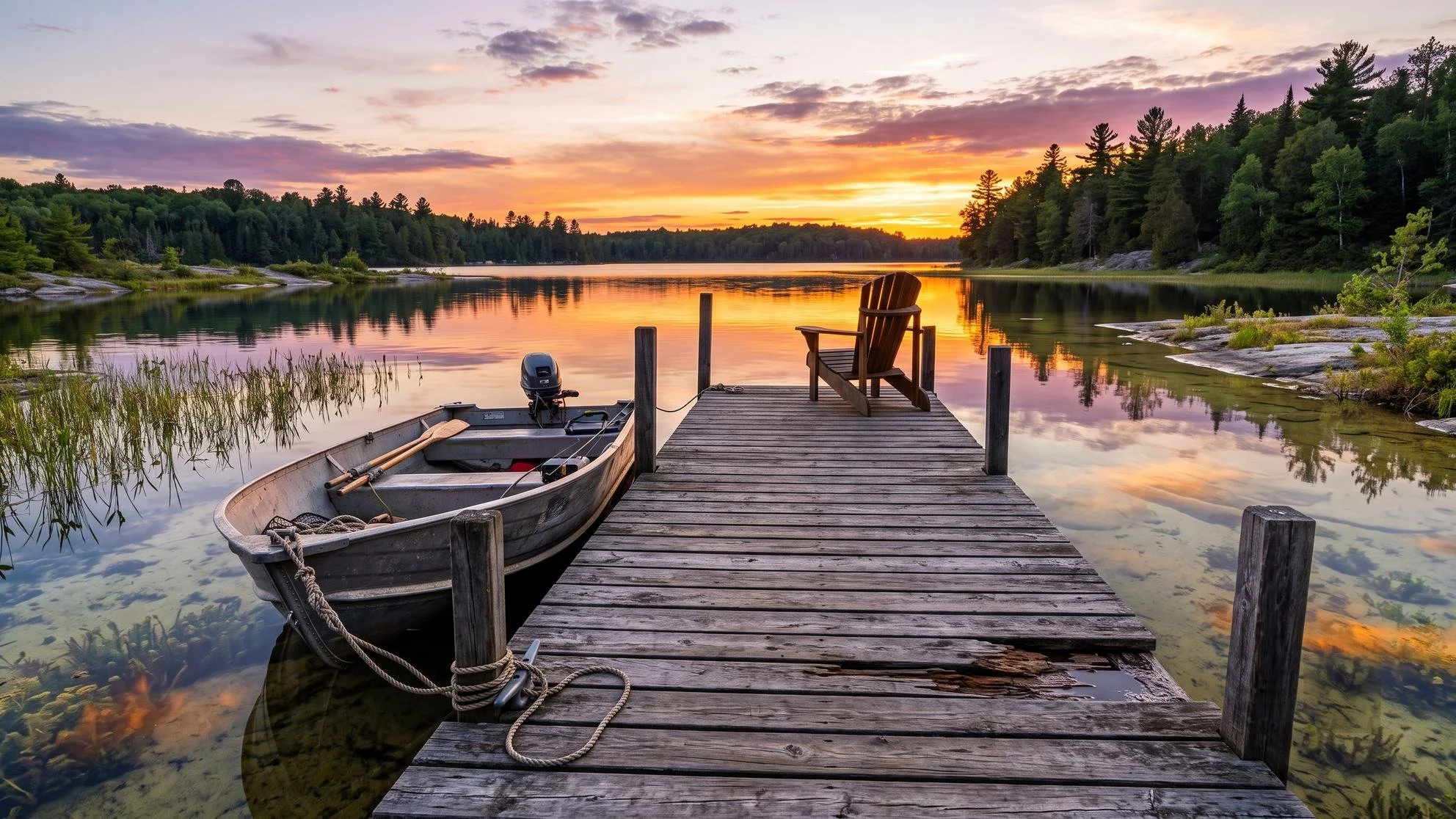 Sunset over Lake Dalrymple with a docked aluminum fishing boat and an Adirondack chair, on the Kawartha Lakes–Ramara shoreline near Orillia, Ontario