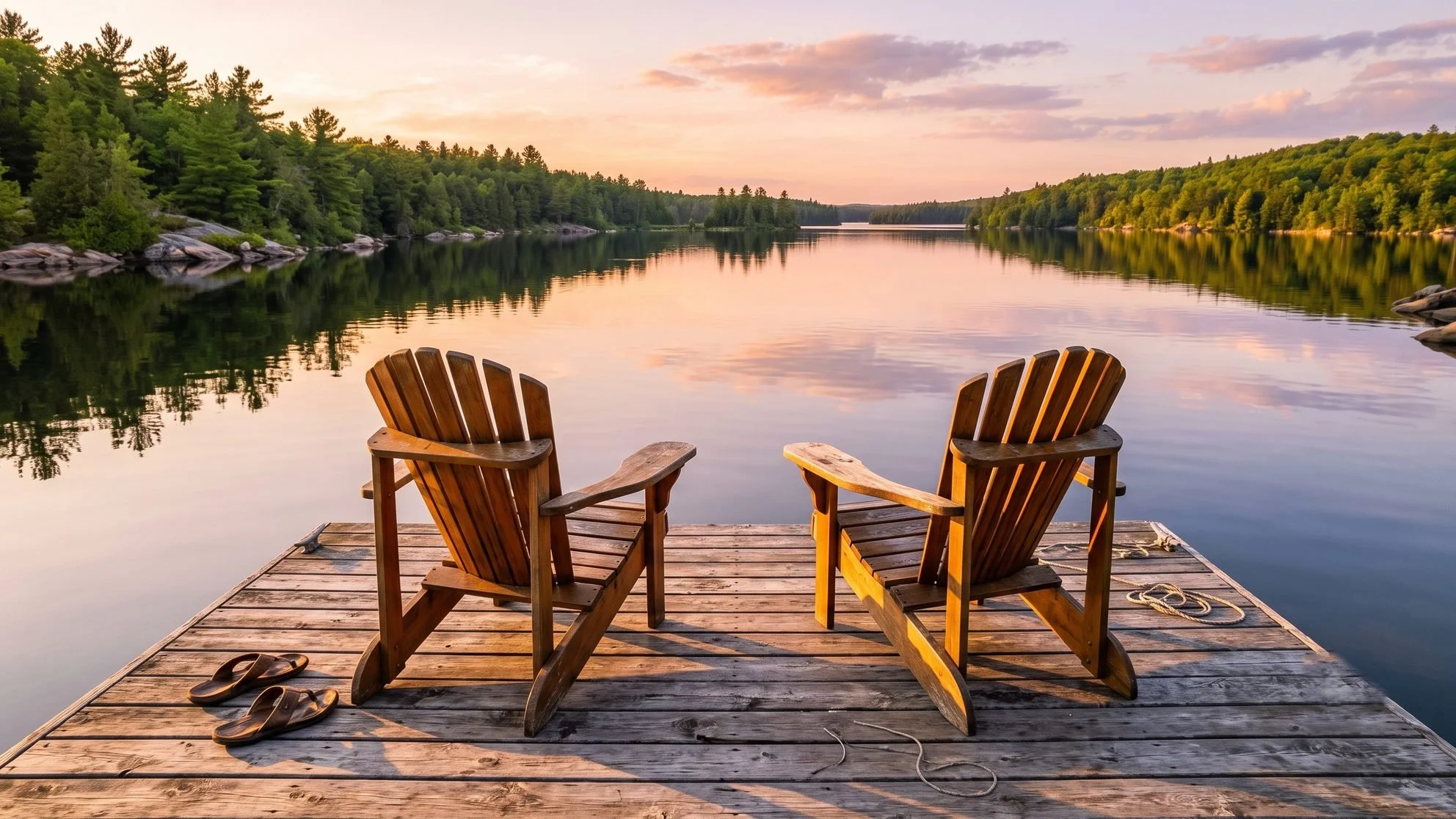 Two wooden Muskoka chairs on a weathered dock facing a calm Ontario lake at golden hour, sandals resting on the boards.