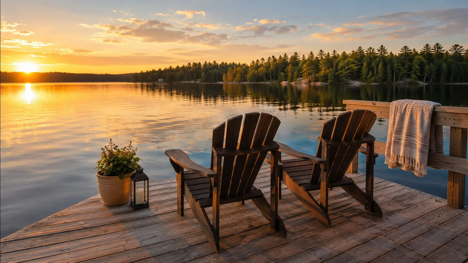 Two Adirondack chairs on a tidy cottage dock at sunset, with a folded towel, lantern and potted plant, on a calm Ontario lake.