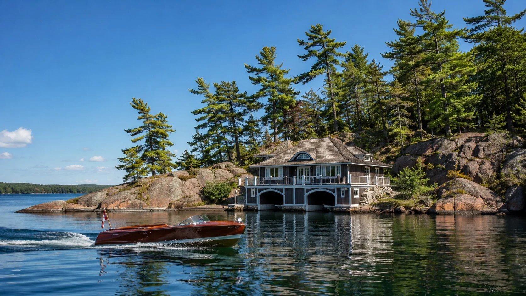 Classic mahogany wooden boat cruising past the boathouses on Lake Rosseau in Muskoka