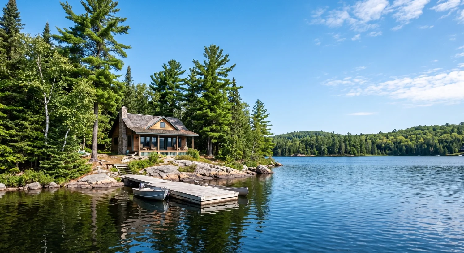 Ontario waterfront cottage among pines with a dock, boat and canoe on a calm summer lake