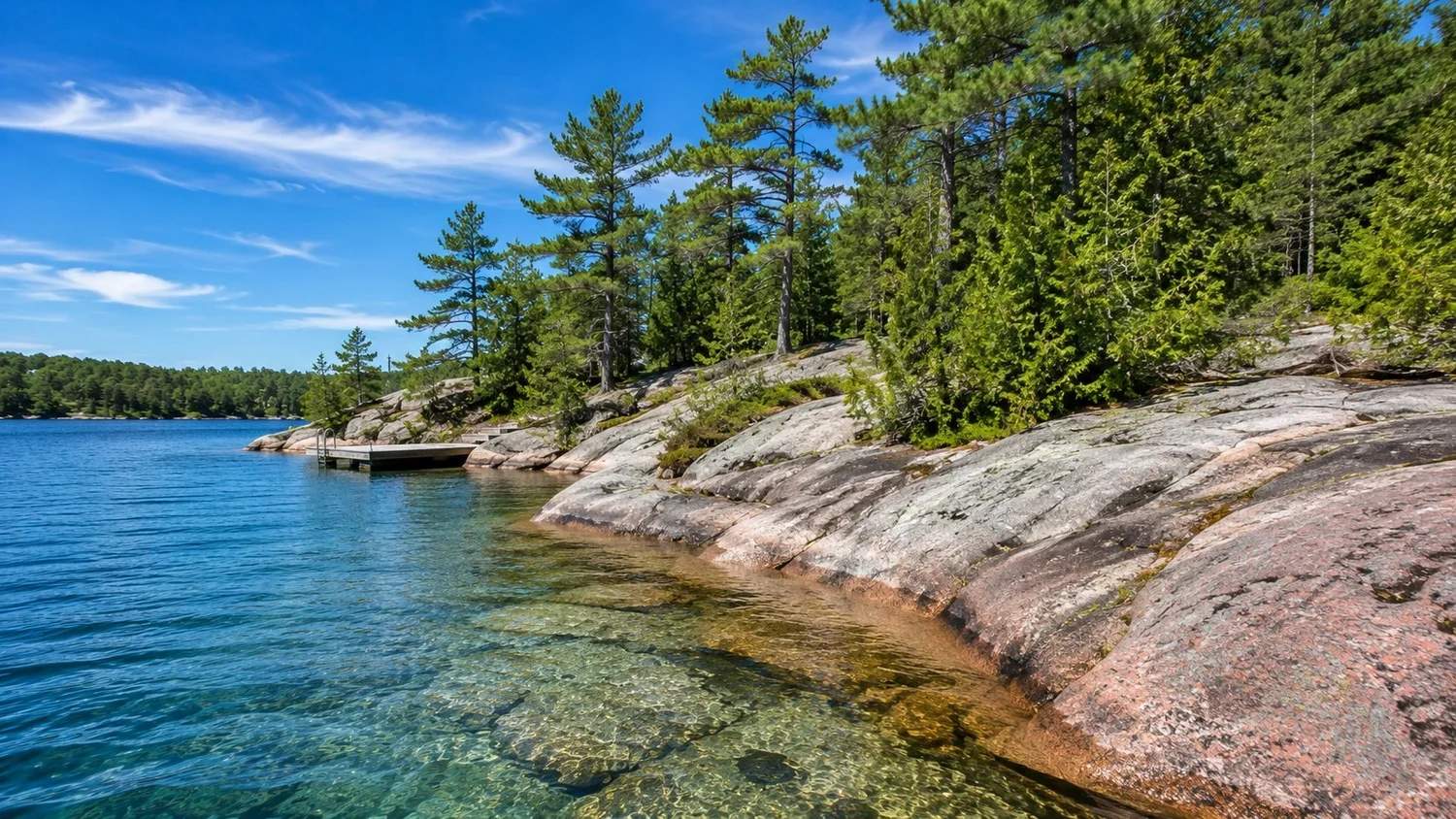 Natural granite shoreline and clean water on an Ontario cottage lake, showing waterfront frontage