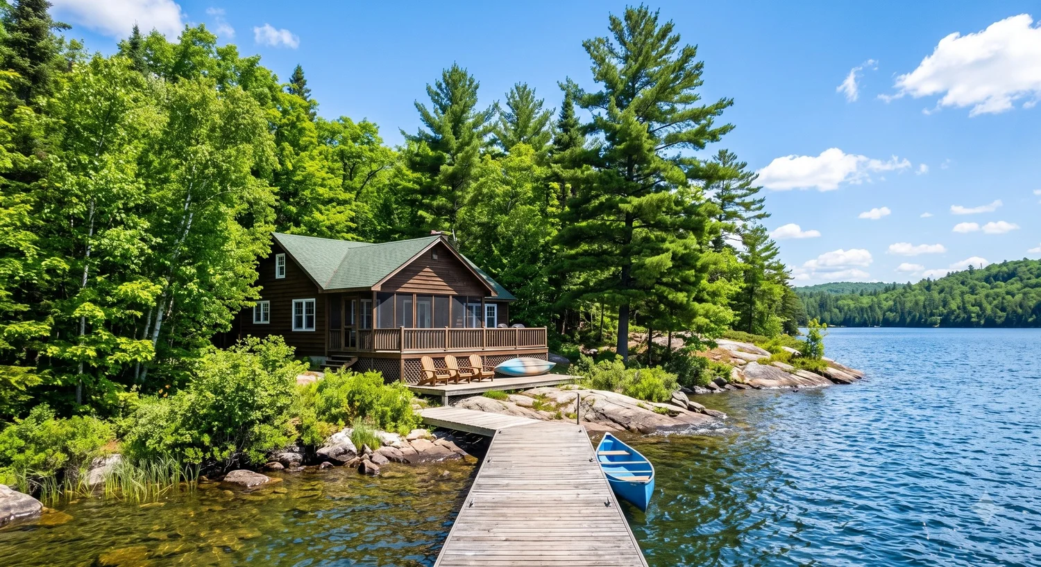 Lush green Ontario waterfront cottage and dock on sparkling water in early summer