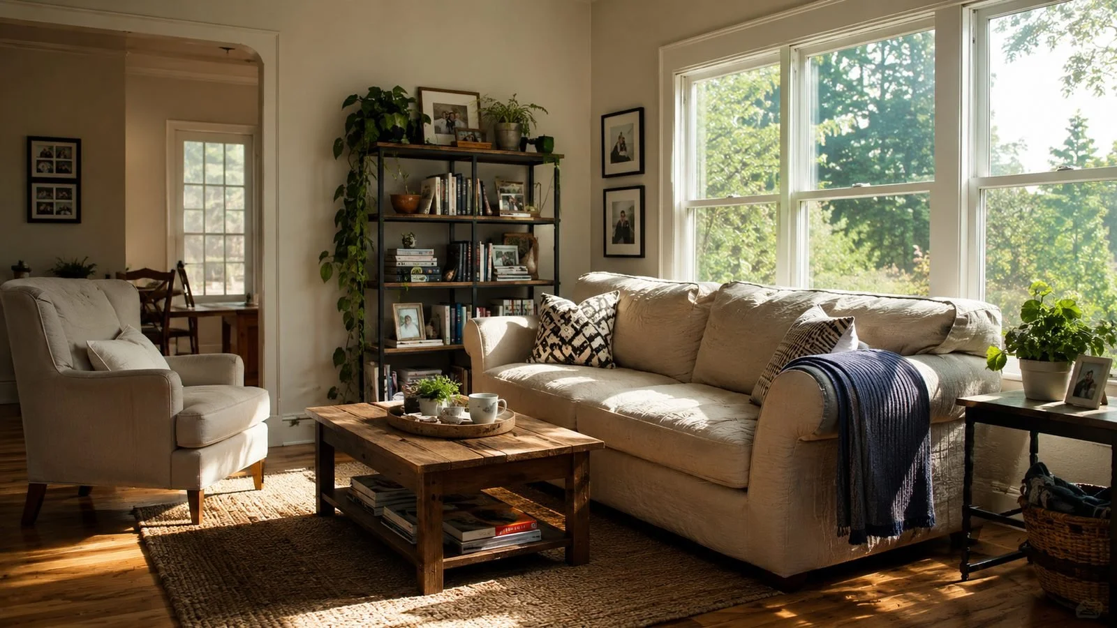 Bright, tidy living room with summer sunlight through large windows and trees visible outside.
