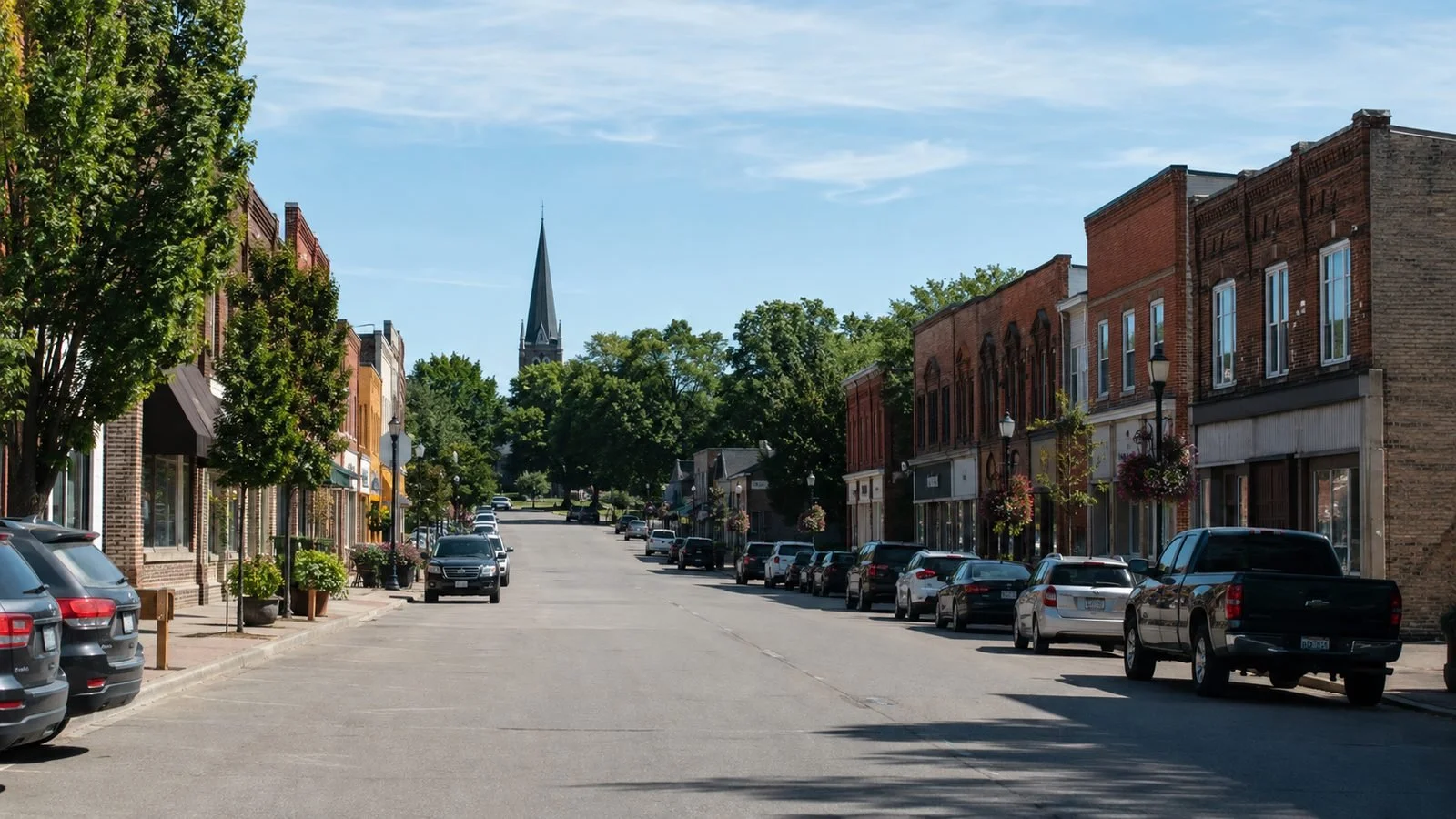 Brick storefronts and flower planters along a small Ontario town main street in summer.