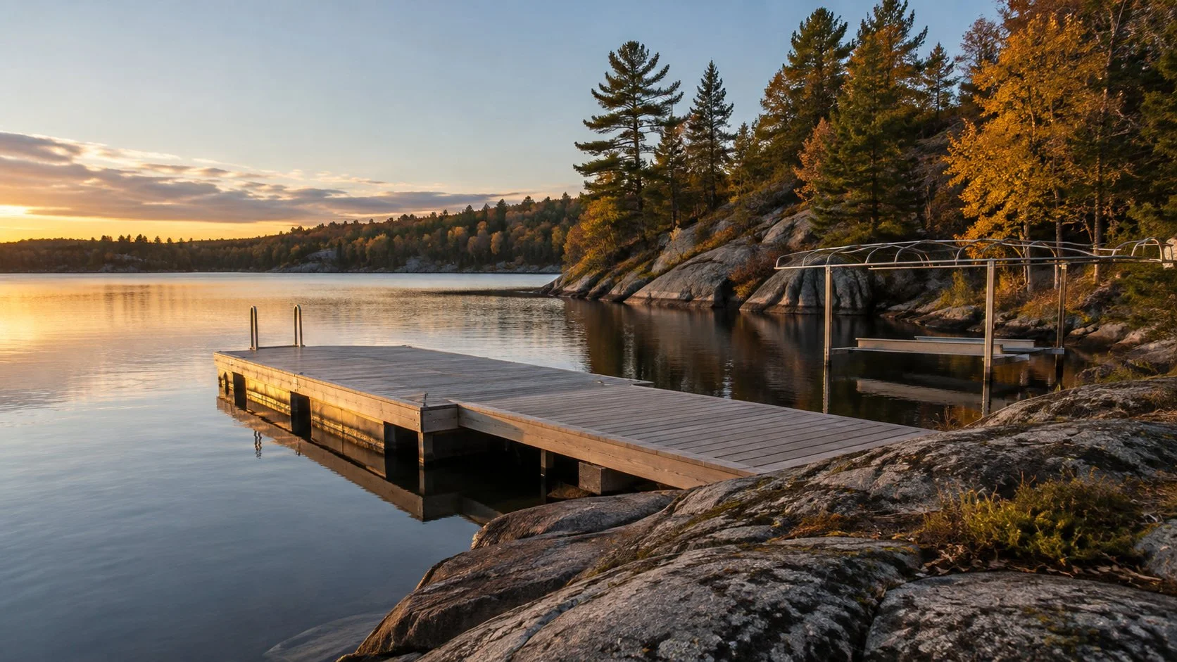 A cleared wooden dock and empty boat lift on a rocky Ontario shoreline in October, seasonal furniture already put away