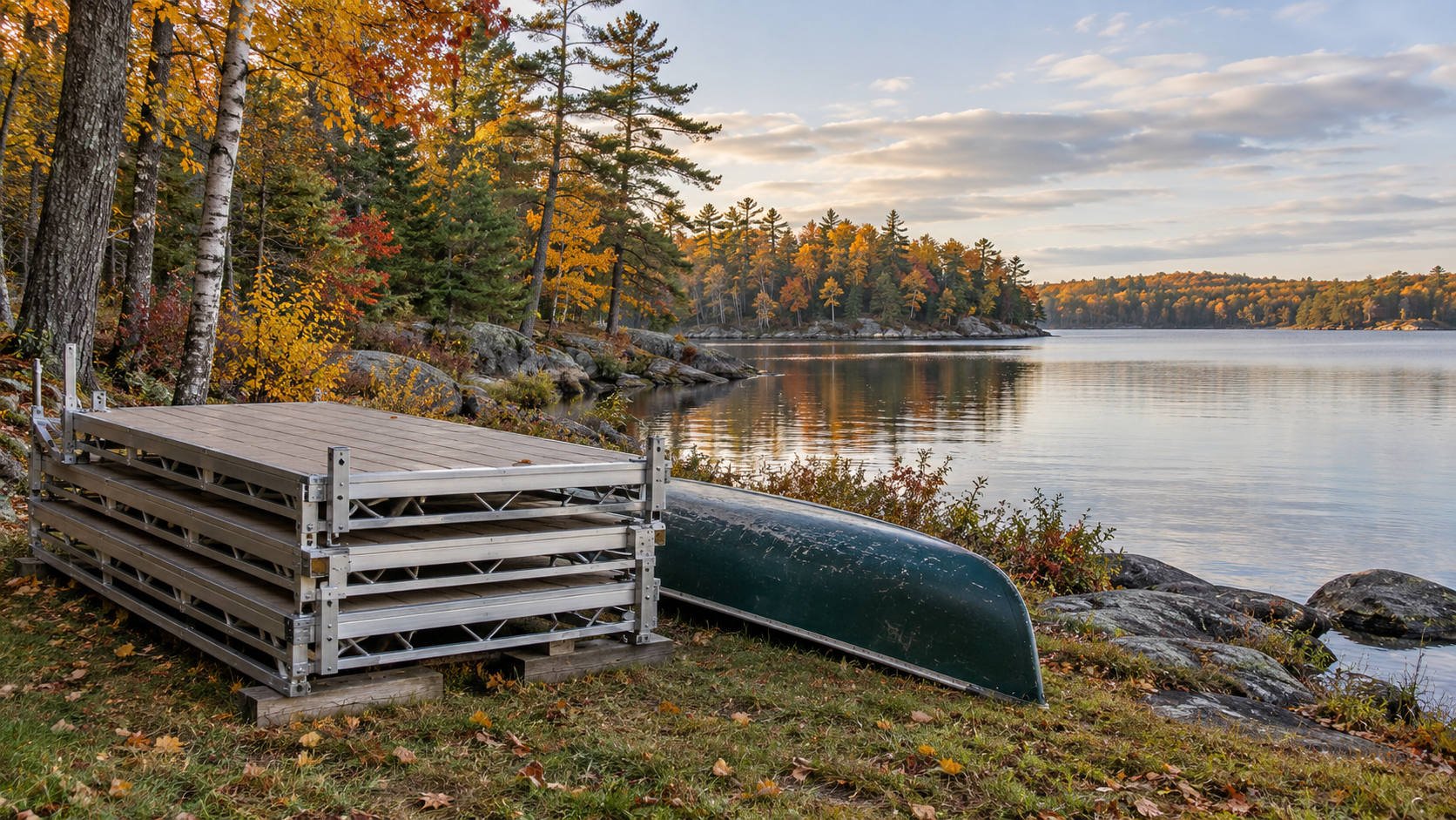 Aluminum dock sections and an overturned canoe stored on the shore of an Ontario lake in October