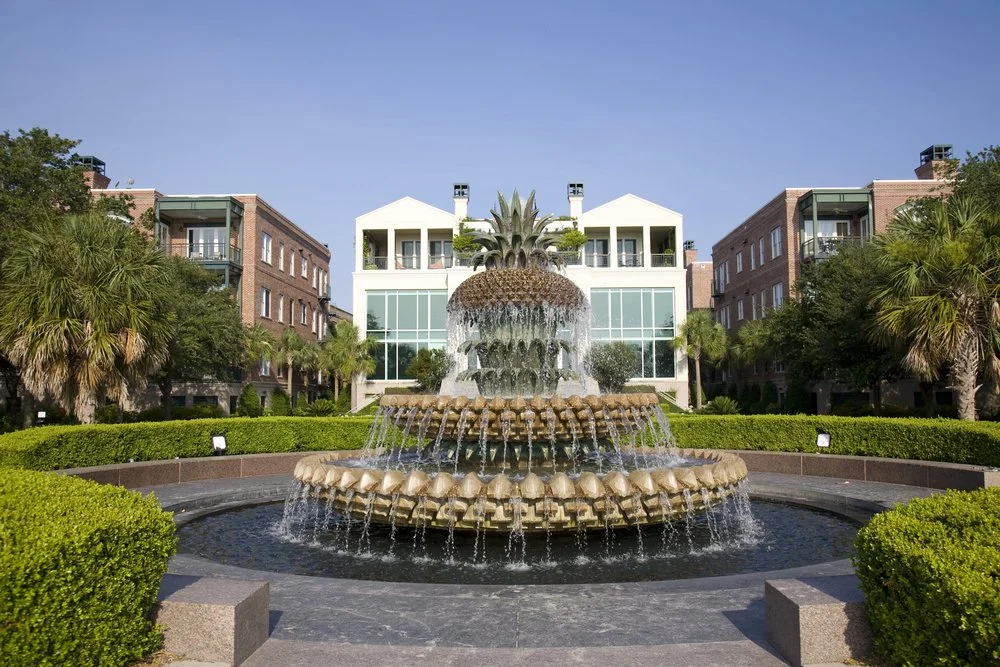 The iconic Pineapple Fountain in the Charleston Waterfront Park courtyard