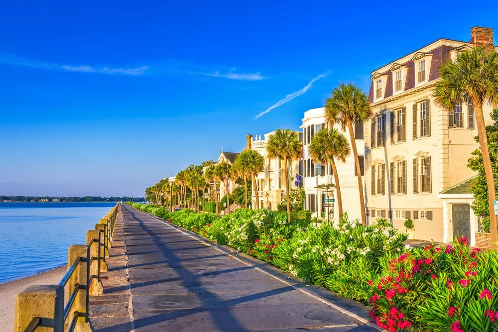 A path with palm trees beside the historic Battery buildings along the water