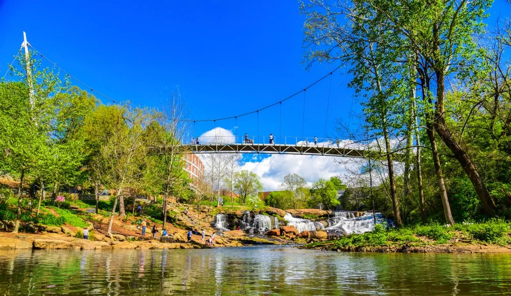 The Reedy River surrounded with trees and the Liberty Bridge in the background