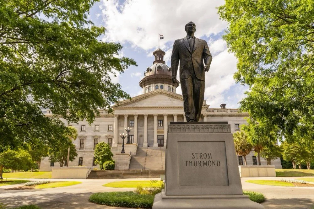 The South Carolina State House In Columbia, SC, featuring a statue of Strom Thurmond