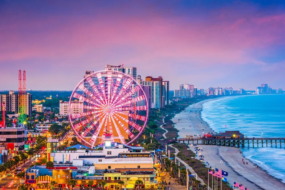 A breathtaking overhead view of the Myrtle Beach skyline at dusk.