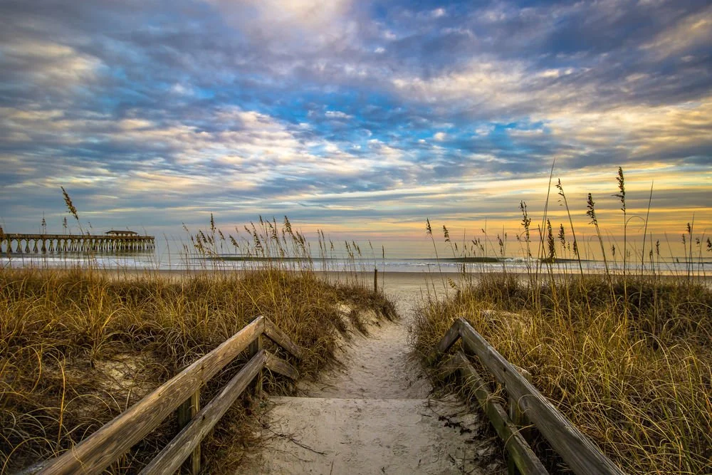 In the evening, a beautiful blue winter sky hangs over the Myrtle Beach State Park.