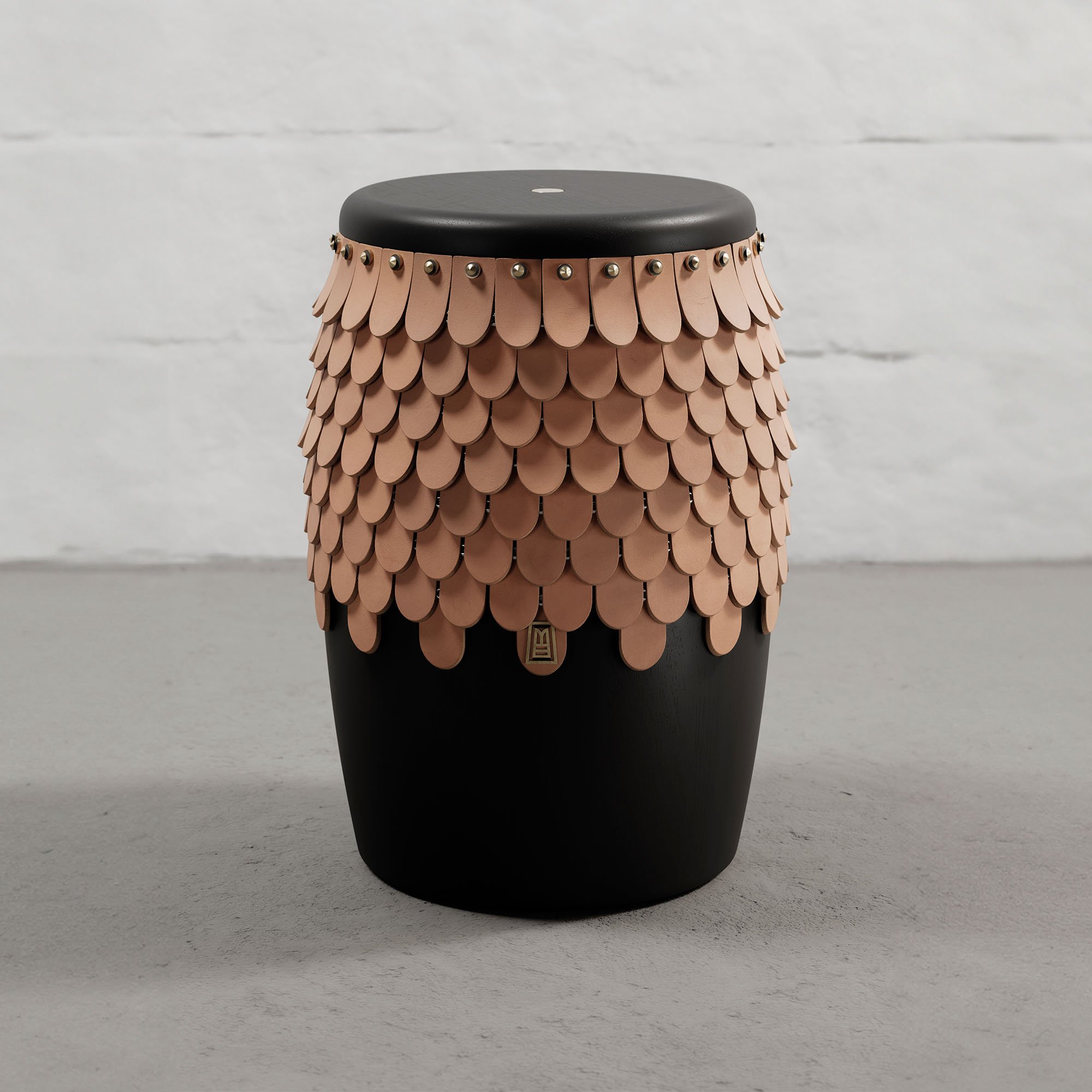 SITIERA_01 Solid Wood Stool, with Natural Thick Leather Accents, and Aged Bronze