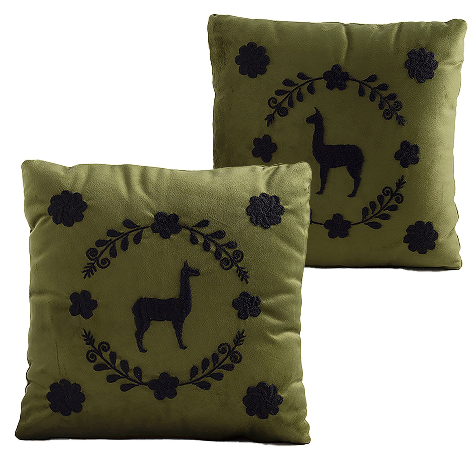 LLAMA Hand Embroidered Decorative Pillows in Olive Green Velvet, Set of 2 - ANDEAN
