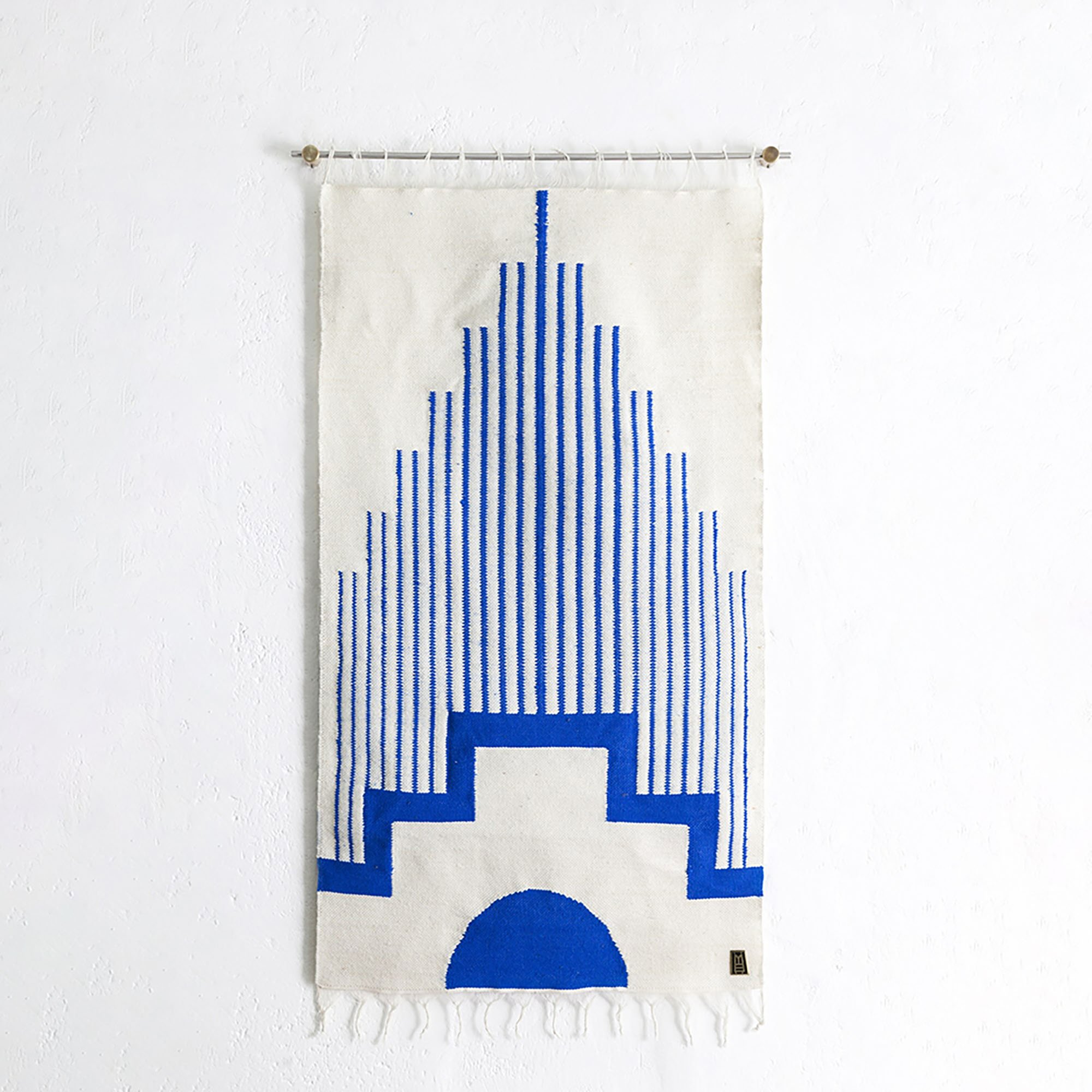 CENTRO Sheep Wool Handwoven Tapestry, Bronze w Stainless Steel Wall Mount, Ivory & Lapis Blue - ANDEAN