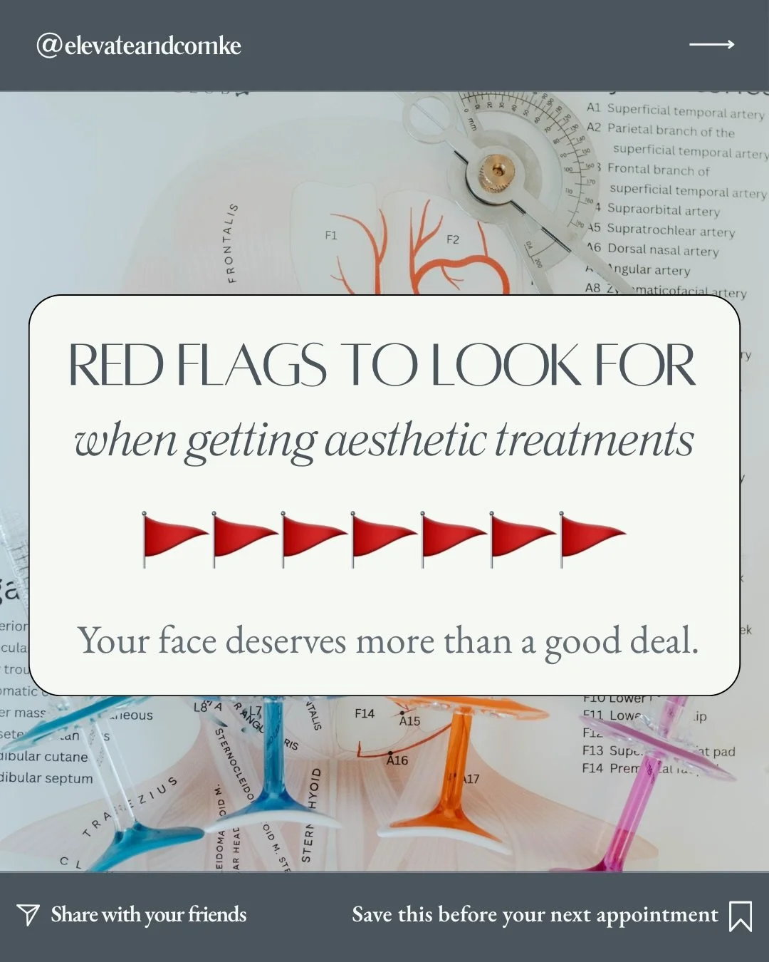 🚩There&rsquo;s a lot of red flags you have to look out for in life&hellip;  Here are a few when it comes to your medical aesthetic provider or practice. 

Only green flags here at Elevate + Co. 

Save for later 😉 your face will thank us 🤍

&bull;&