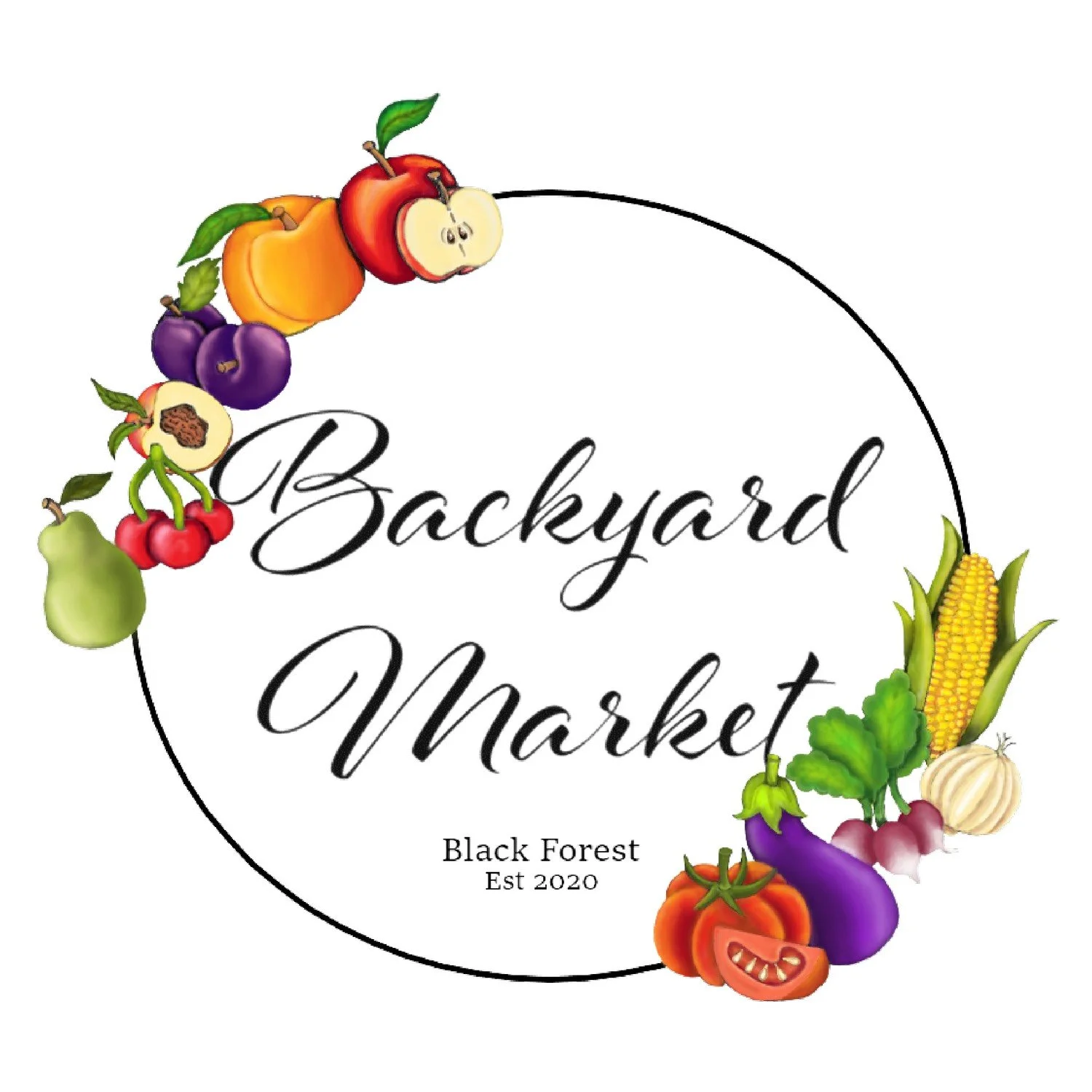 Fruits and vegetables arranged in a circle around the words 'Backyard Market' with 'Black Forest Est 2020' written below.
