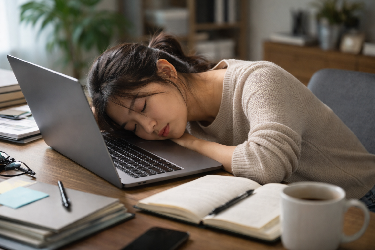 Exhausted young asian woman with head resting on her computer