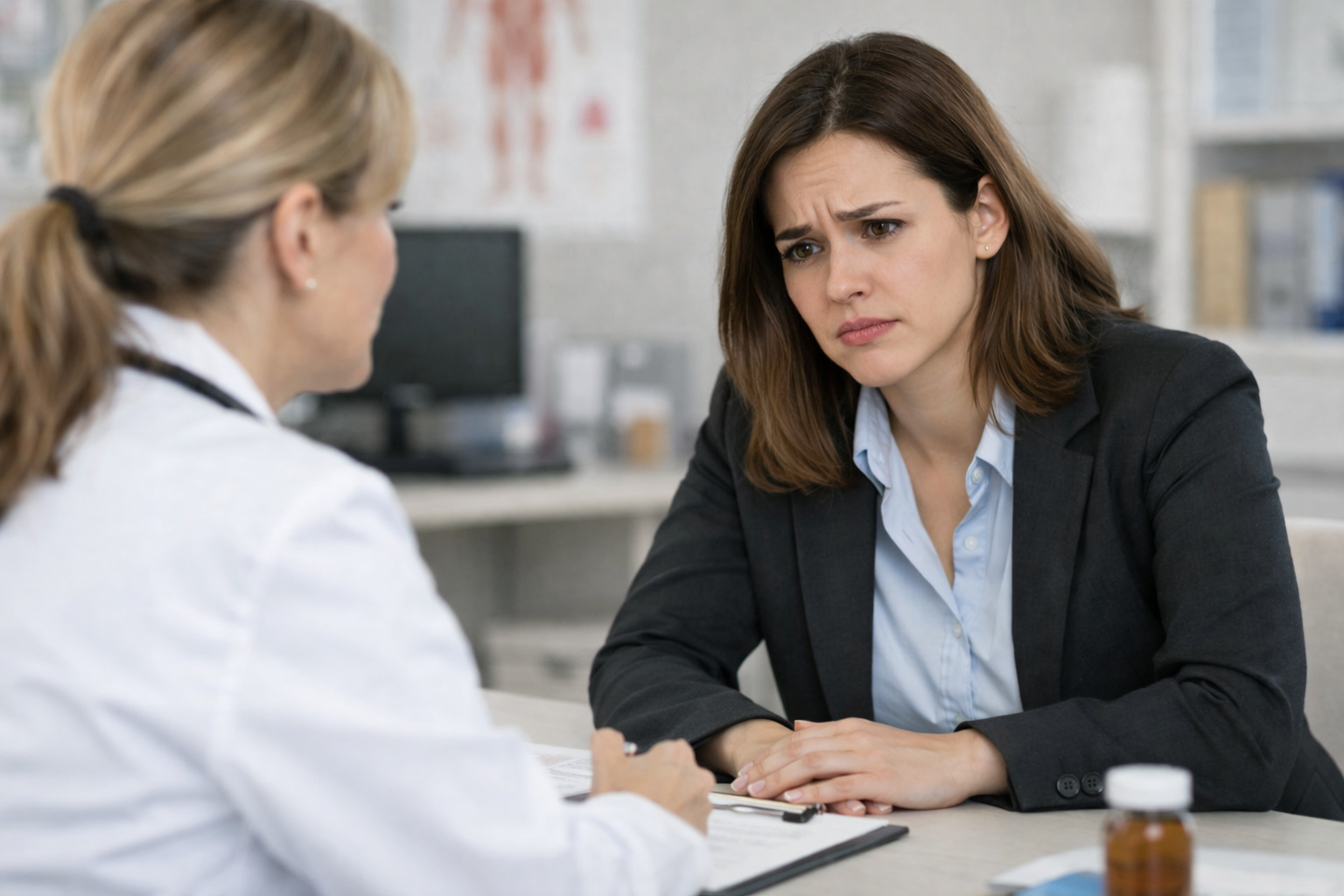 Young woman stressed consulting with female doctor