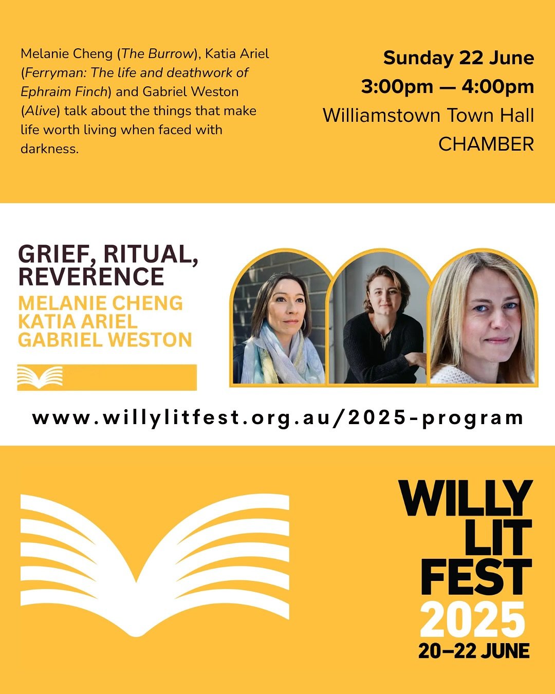 Great to see Katia Ariel in this lineup at Willy Lit Fest. Her book ‘Ferryman: The life and deathwork of Ephraim Finch’ is out next month.
EVENT DETAILS
Grief, Ritual, Reverence
Melanie Cheng (The Burrow), Katia Ariel (Ferryman) and G