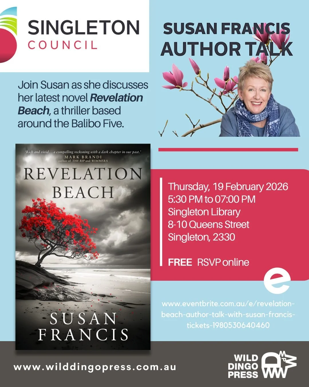Revelation Beach | Author Talk with Susan Francis

🗓️ Thursday, 19 February 2026 
⏰ 5:30 PM to 07:00 PM
📍Singleton Library @singletonlibrary 8-10 Queens Street, Singleton, 2330

Join @susanfranciswriter as she discusses her latest novel Revelation 