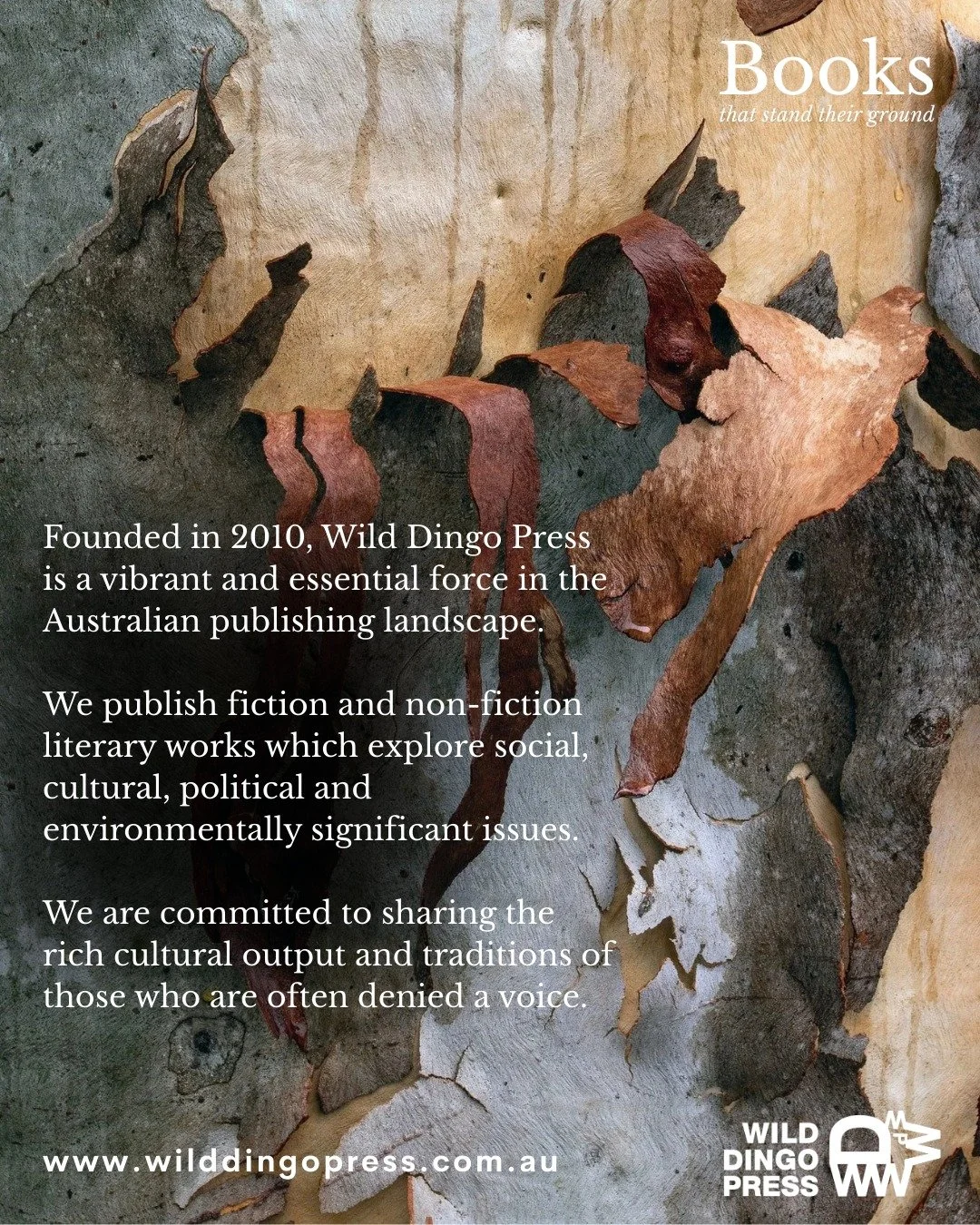 New here? Let us introduce ourselves.

Founded in 2010, Wild Dingo Press is an independent Australian publisher based in Melbourne.

We publish fiction and non-fiction that stand their ground &mdash; books that explore social, cultural, political and