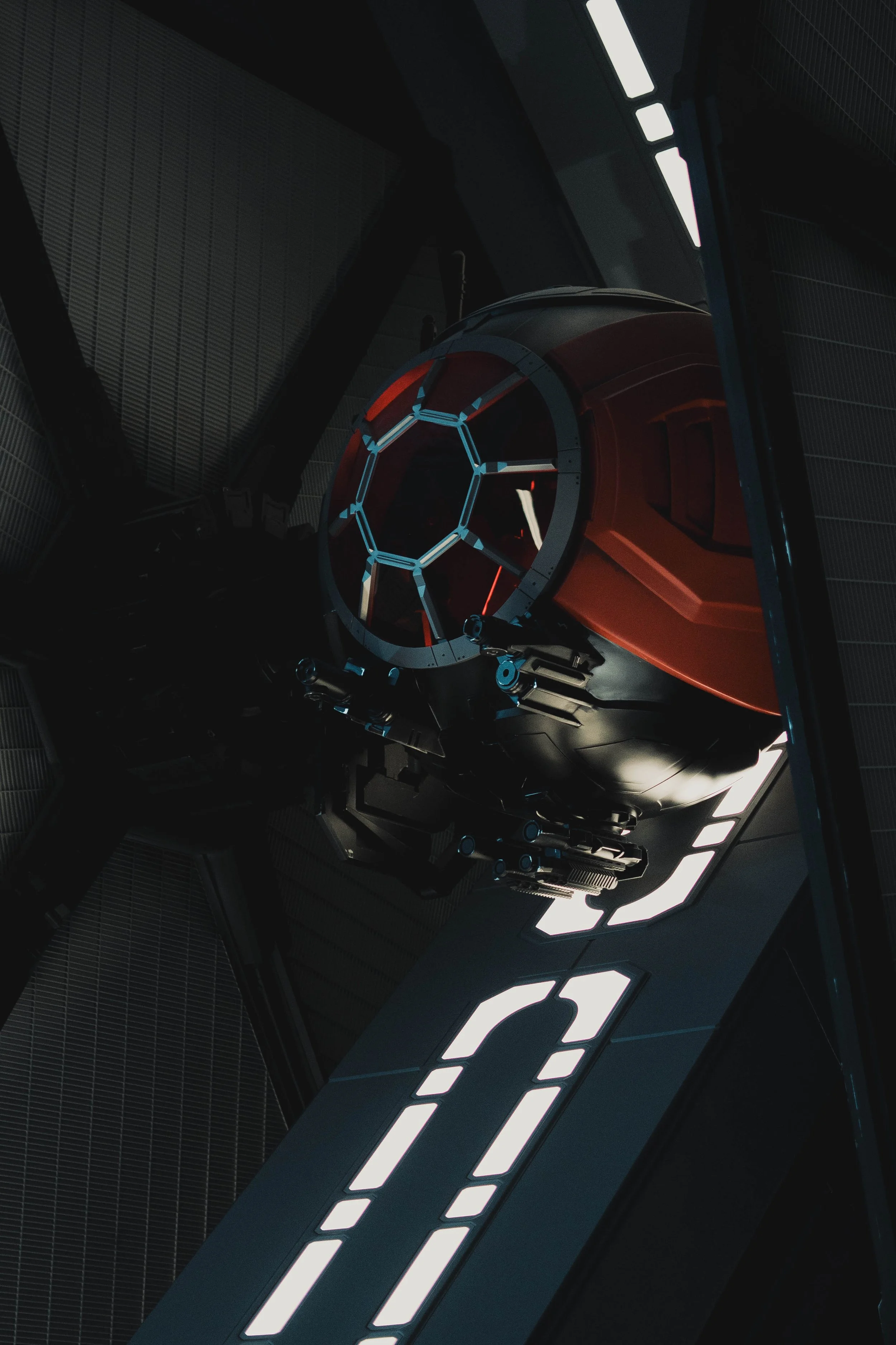 Close-up of a spacecraft or satellite with glowing elements inside a space station or spacecraft interior.