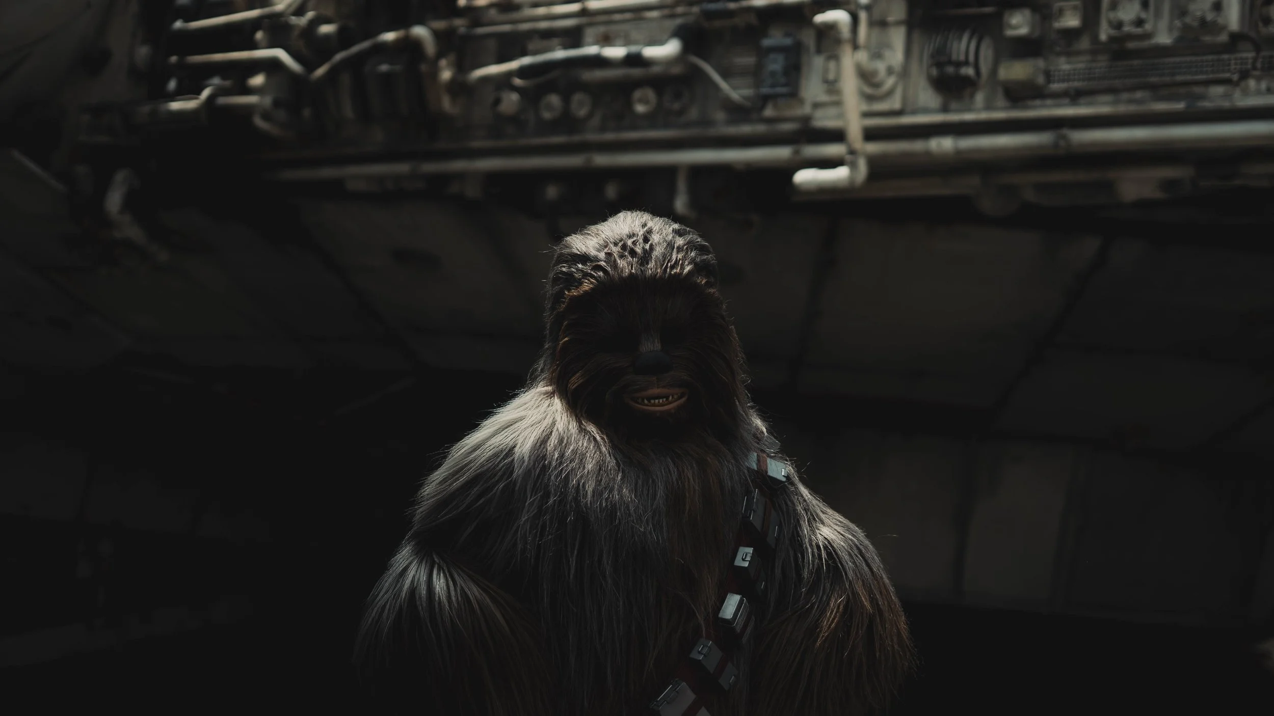 A large, furry creature standing under a metallic structure, with a dark background and industrial pipes visible overhead.