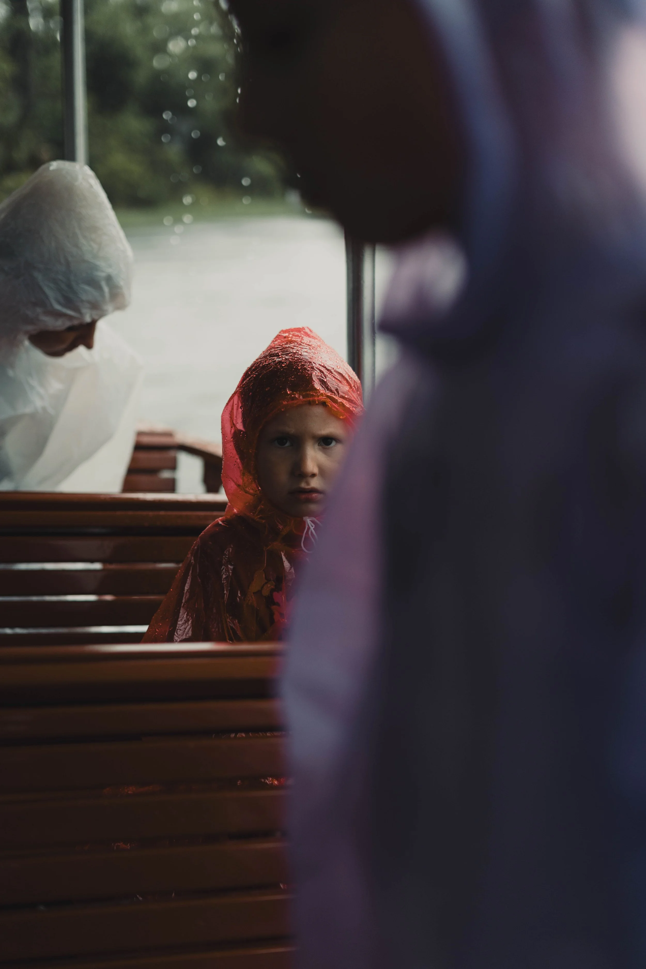 A young girl wearing a red raincoat looks curiously through a rain-covered bus window, with blurred adults nearby and a green outdoor scene in the background.