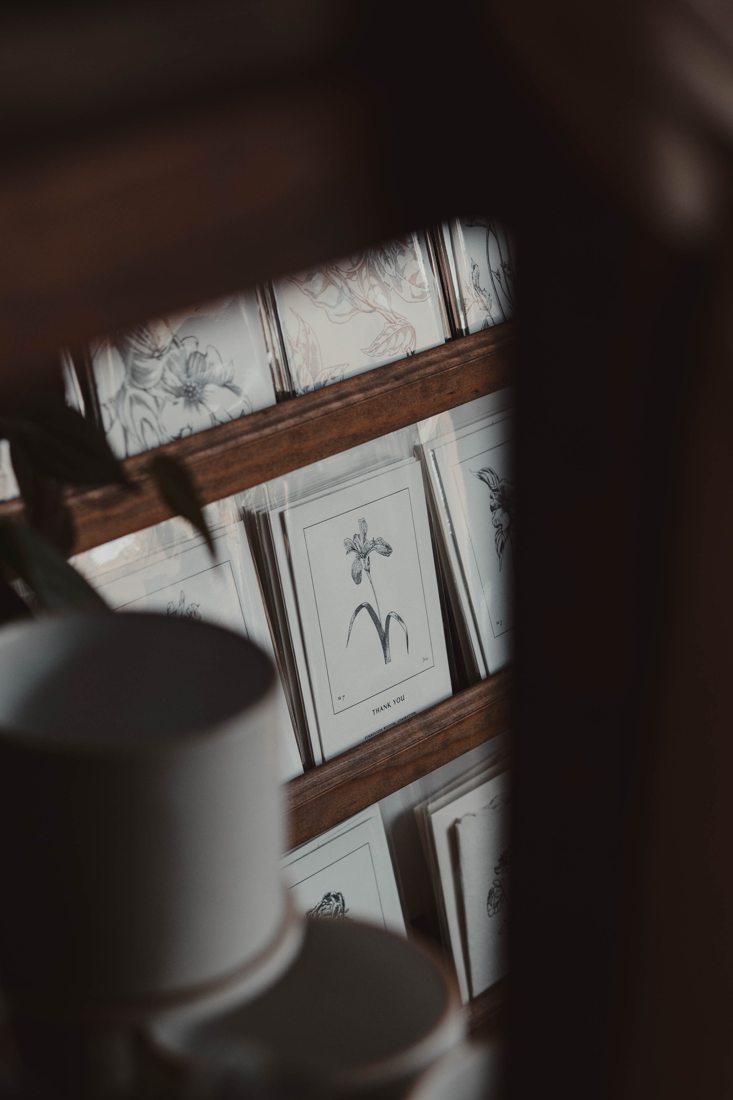 A wooden shelf displaying black-and-white botanical illustrations, including one of a flower labeled 'Thank You' in a frame.