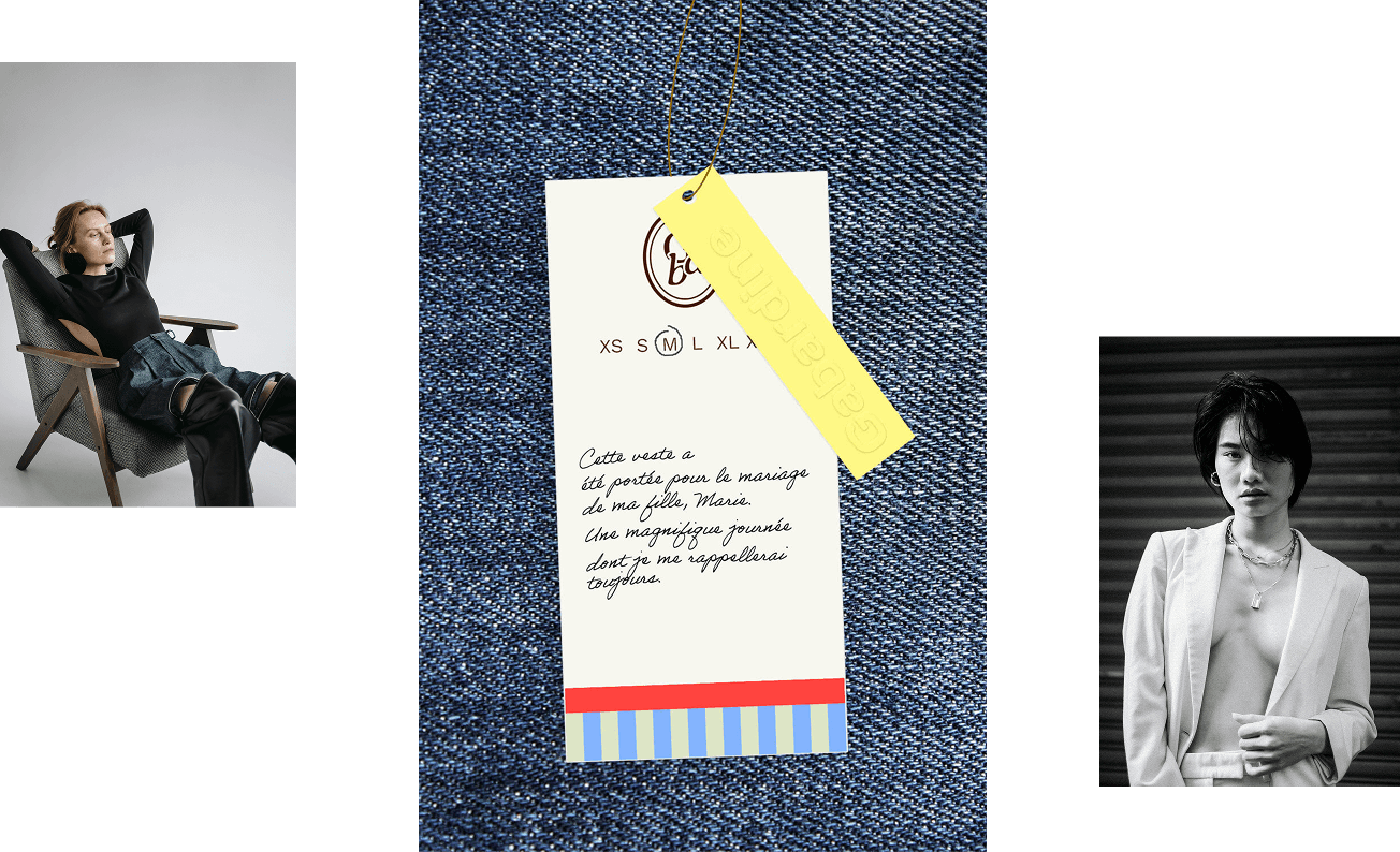 Application de l'identité visuelle créée à Bordeaux sur une étiquette de jean pour un marque de mode de seconde main premium