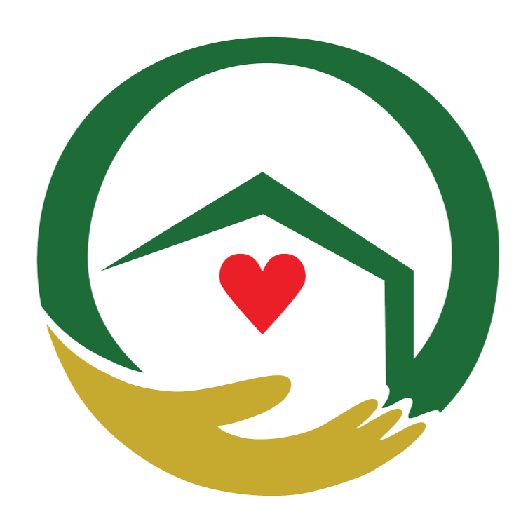 A stylized logo featuring a green house icon inside a circle, with a red heart inside the house, and a yellow hand cradling the house from below.