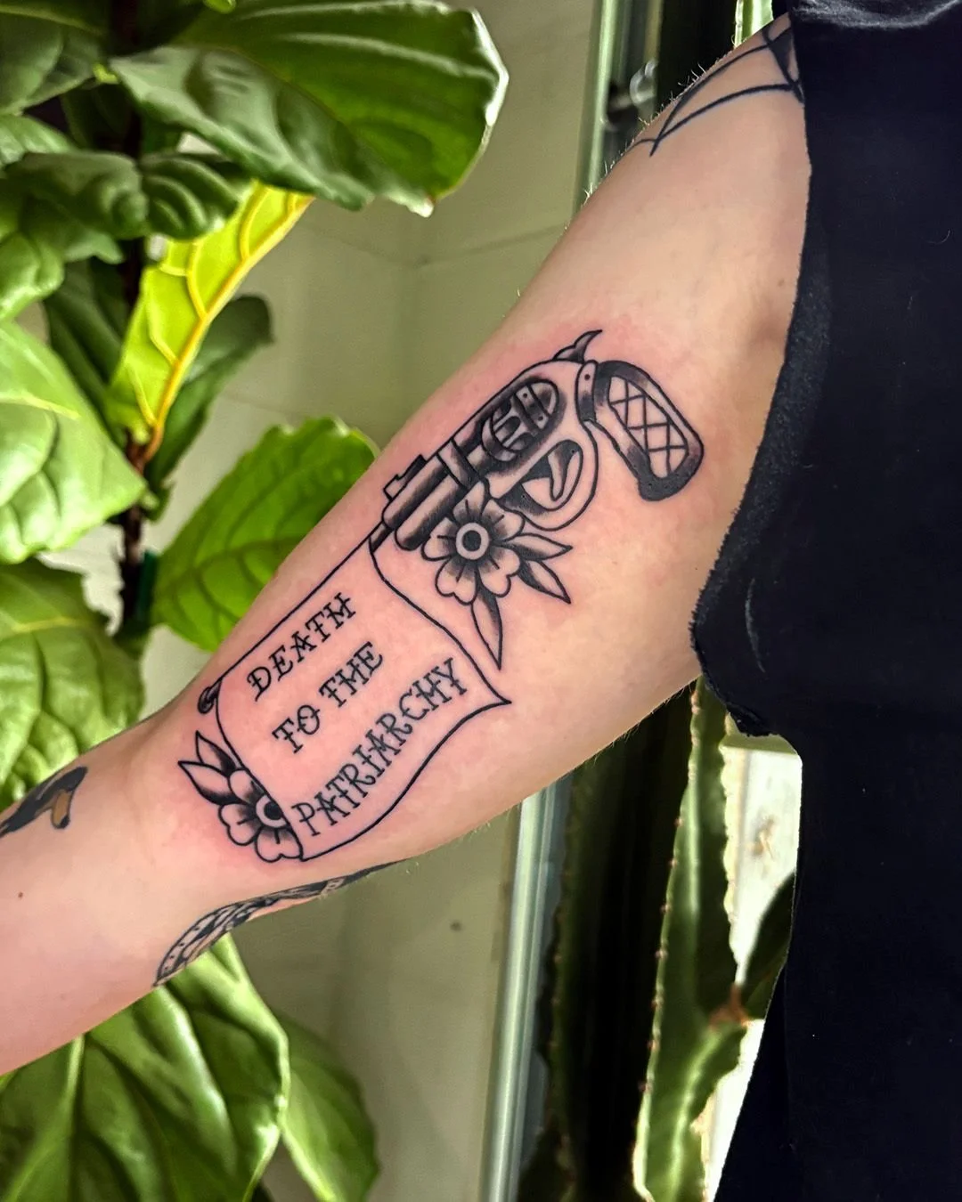 Custom &quot;Death to the Patriarchy&quot; In a traddy style. I love this design idea and will always be down for pieces like this. Got an idea? Send me an email or DM and we can work out some details. Hecho con mucho amor en @luckyrosedenver
.
.
.
.