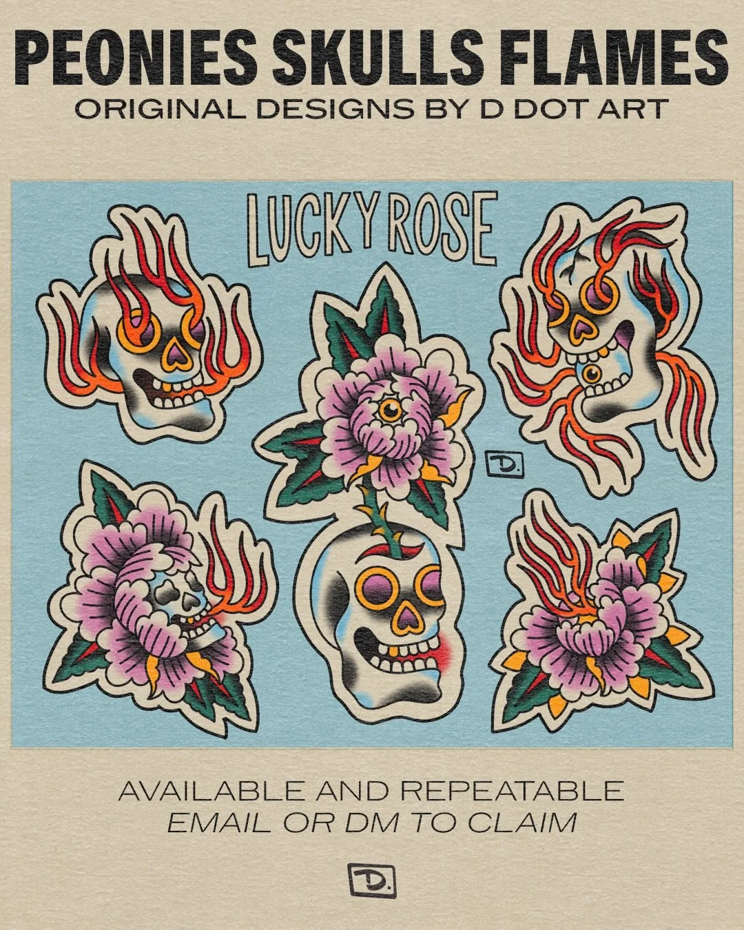 PEONIES | SKULLS | FLAMES for your viewing pleasure. All these pieces are available to be tattooed! I&rsquo;m working with budgets on a sliding scale. Reach out through DM, Email, or Text to set up an appointment. I&rsquo;m free the rest of this mont