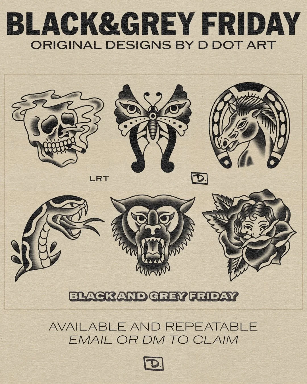 $150 flash tattoo deal for Black Friday. Pricing only available for Friday, November 28. Flash would still be available after this Friday but at a normal rate. Also these won&rsquo;t be repeatable to make them exclusive. Act fast and support small bu