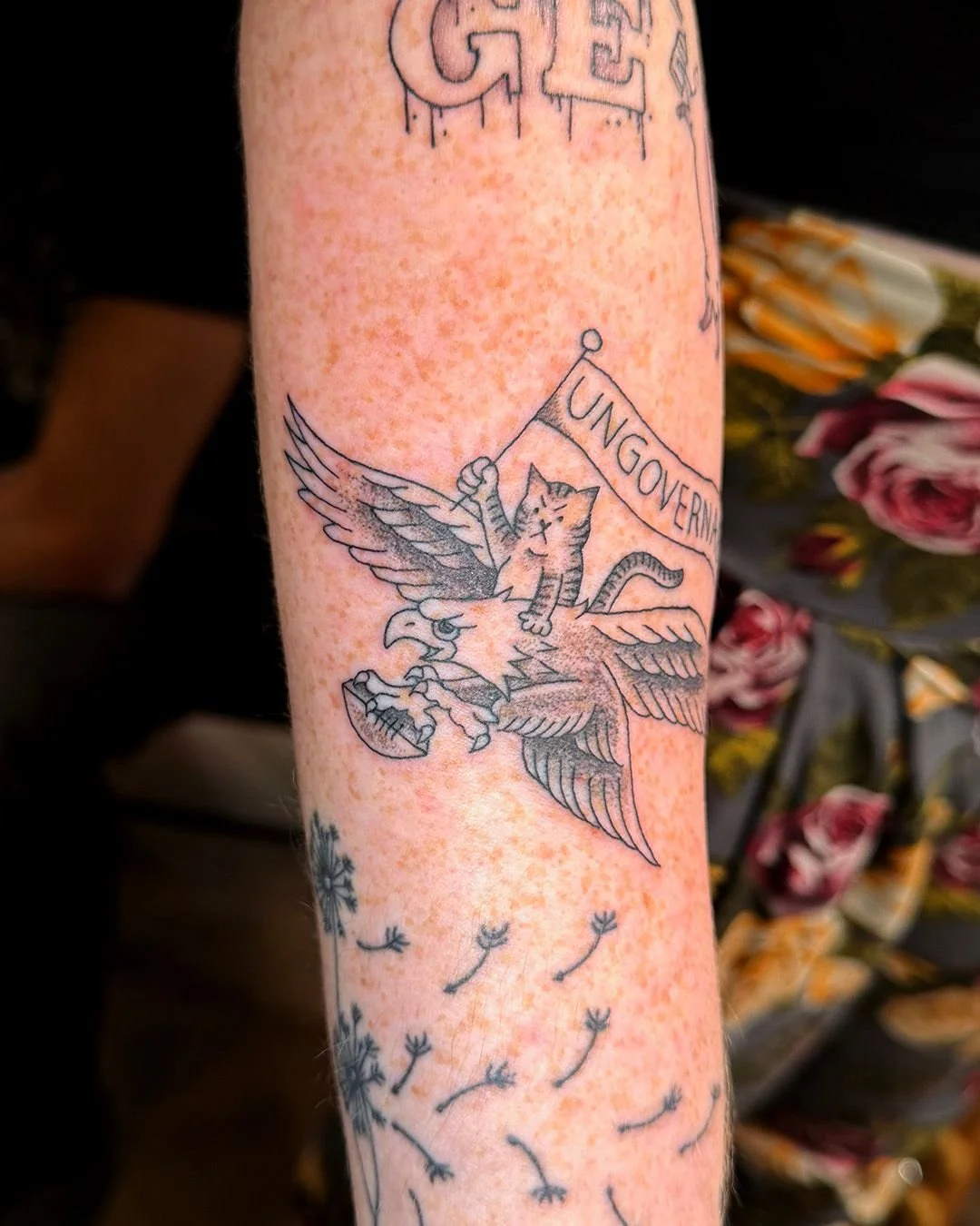 A custom UNGOVERNABLE chaos kitten riding an Eagle. This tattoo was everything. Stoked to do this custom piece on a fellow birds fan. I am always down to work in a fine line style to better fit a theme. Reach out through email, DM, or Text to book a 