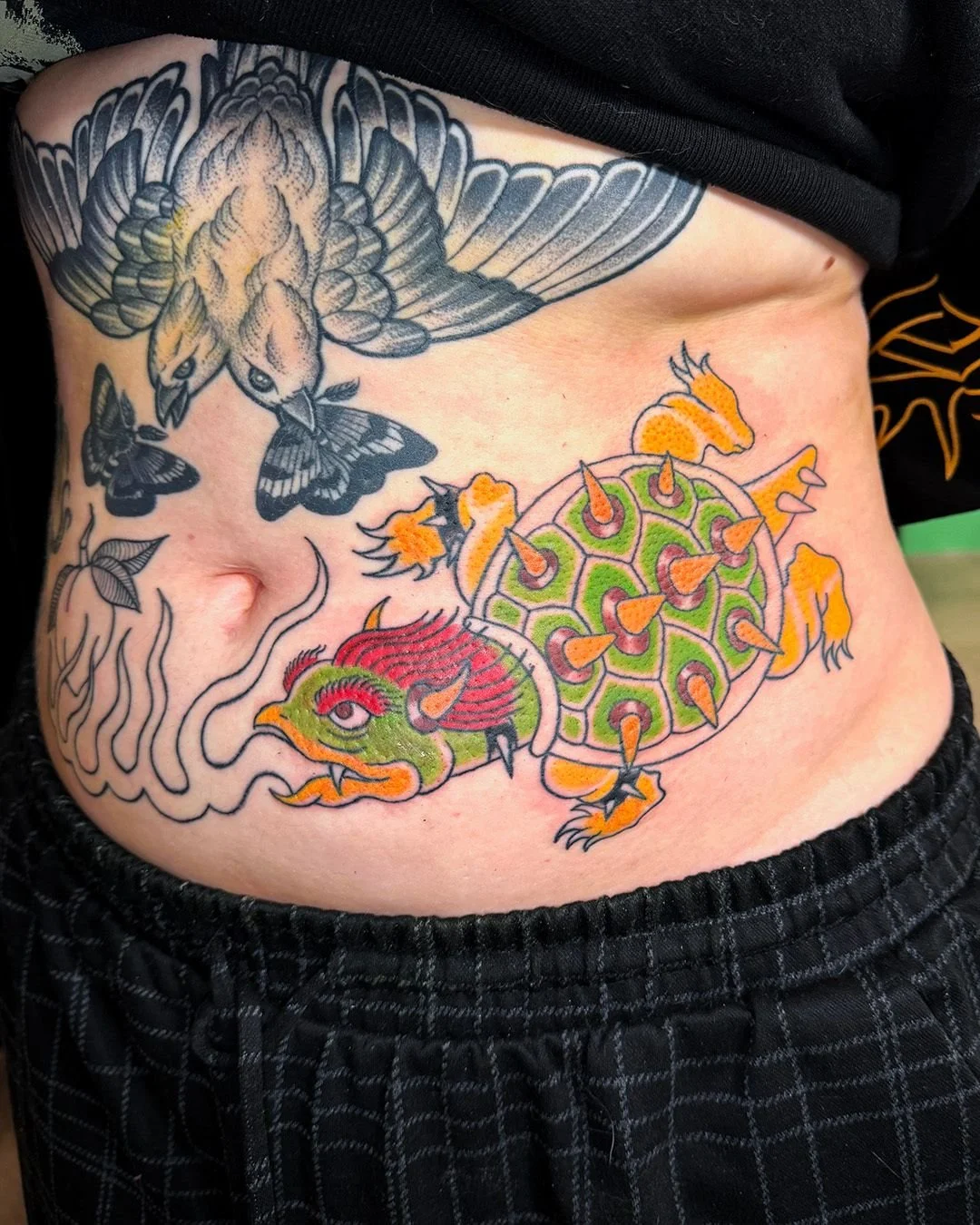 Sweet custom Japanese Bowser tattoo on a belly. This tattoo was a lot of fun to draw and tattoo. There's some more color to do, but I'm happy with the progress. Hecho con mucho amor en @luckyrosedenver