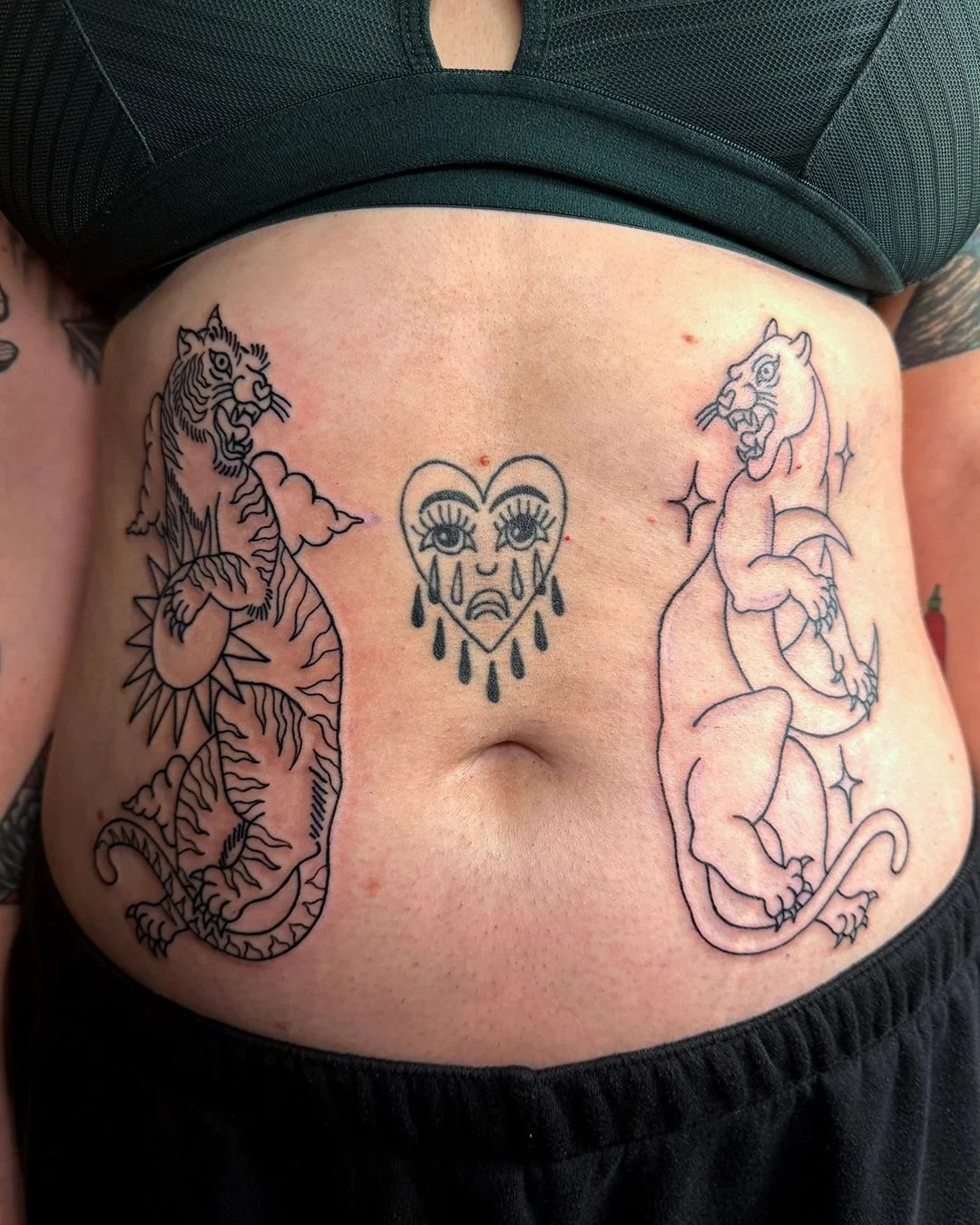 Belly Cats! A work in progress that incorporates a tiger and a panther with the sun and moon. It was fun to come up with this design and look forward to adding the color. I hope to work on larger-scale pieces like this in 2026. If you have ideas, ple