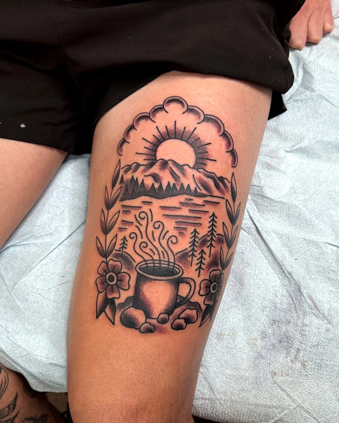 A custom scene in black and grey. Memories of a trip to Tahoe. I had so much fun working on this piece. I've been working on a lot of black and grey lately and would love to improve even more. Reach out if you have an idea in mind. I added some other