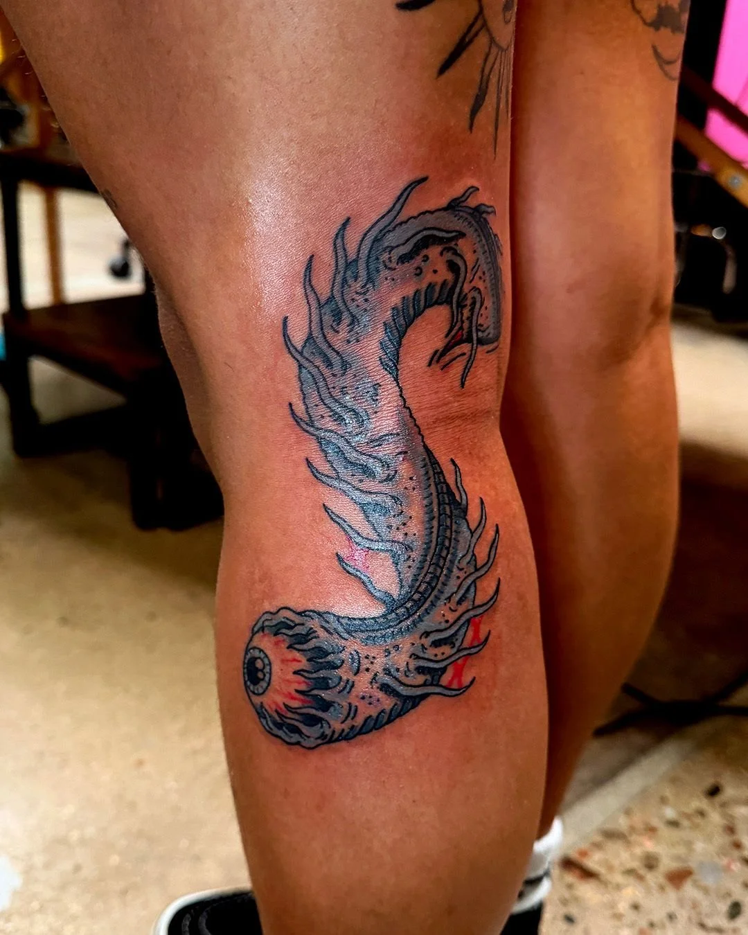 Eyeball Worm from my flash. Super thankful to be able to tattoo these weird little guys. I would love to do the rest from the sheet or even a custom one. Reach out if you'd like your own little guy. Hecho con mucho amor en @luckyrosedenver Love Ya'll