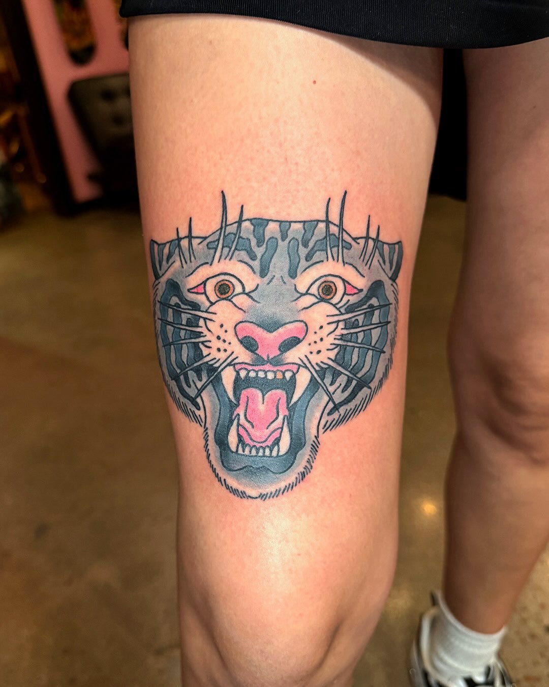 Tiger tattoo picked from flash! Loved that I got to do this design. It&rsquo;s been sitting for a hot minute. I love to tattoo cats so bring me your cat ideas. Hecho con mucho amor en @luckyrosedenver Love Ya&rsquo;ll