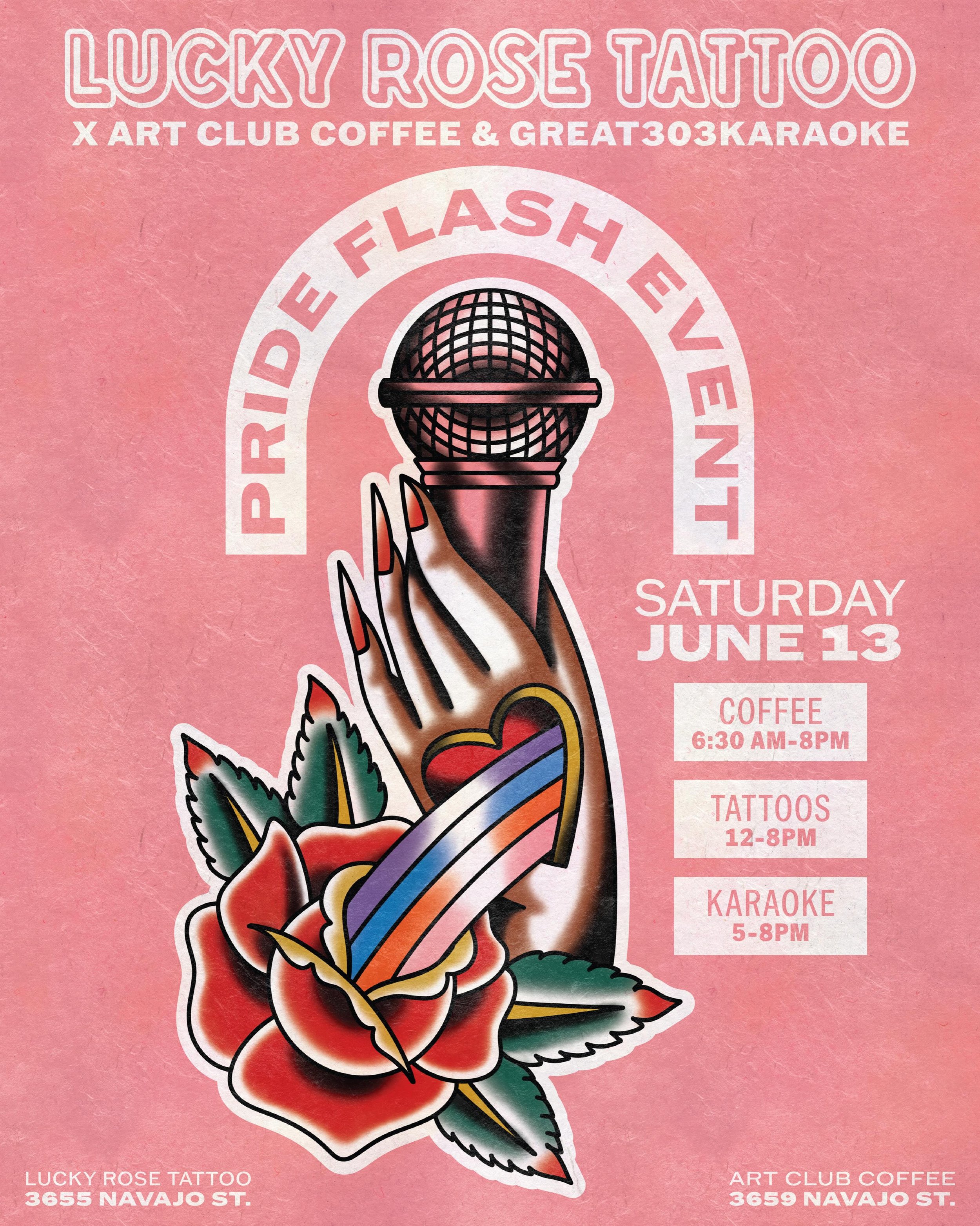 SAVE THE DATE!!! Pride flash day at @luckyrosedenver and @artclubcoffee with @great303karaoke. Going to be a day filled with coffee, tattoos and some songs. Come hang out with us as we celebrate the gayest month there is. Flash will be released leadi