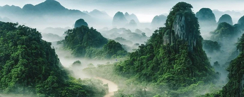 Eine neblige, wilde Dschungellandschaft mit Bergen und Fluss. Symbol für Psychotherapie-Dschungel