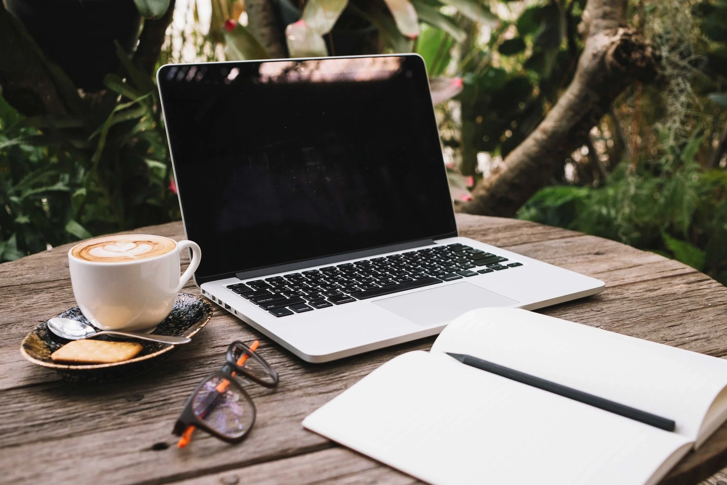 Laptop, Notizbuch, Lesebrille, Kaffeetasse auf einem Holztisch im Dschungel