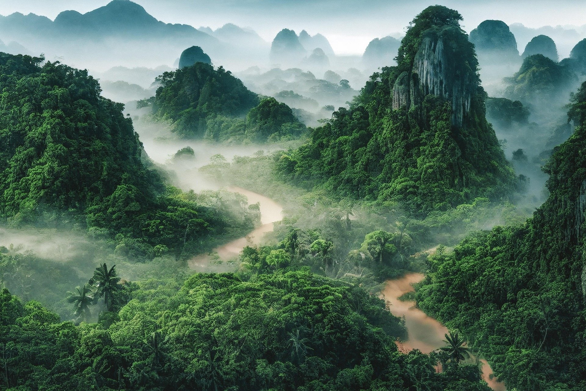 Eine neblige, wilde Dschungellandschaft mit Bergen und Fluss. Symbol für Psychotherapie-Dschungel