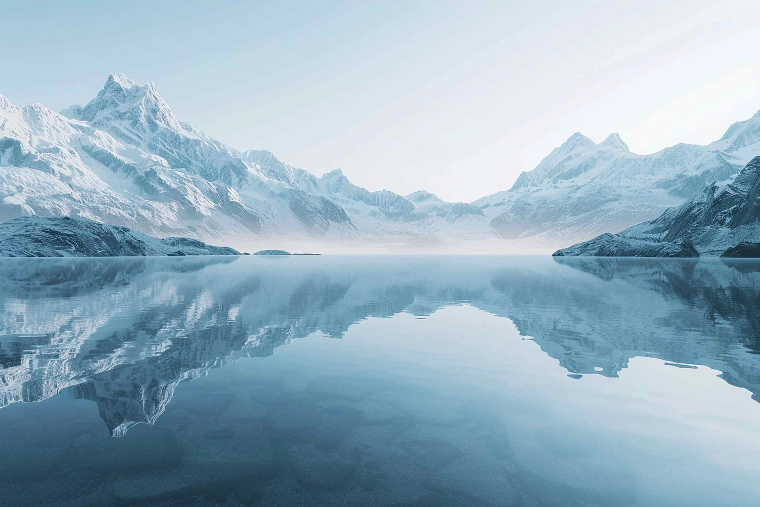 helle, verschneite Berglandschaft, die sich in einem See spiegelt
